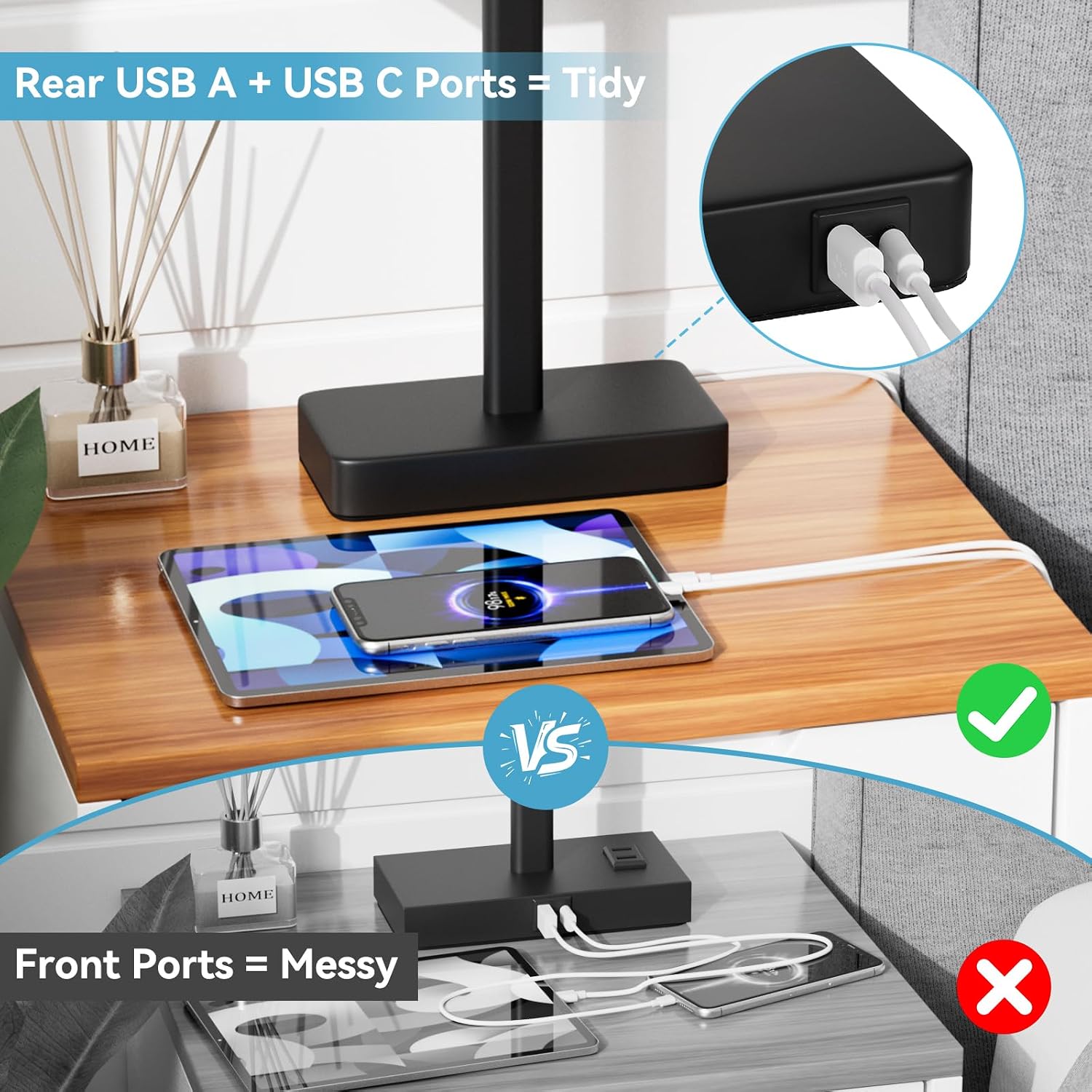 Hong-in Touch Lamps for Bedroom - 3-Way Dimmable Bedside Lamps Set of 2 with USB C+A, Grey Modern Table Lamp for Night Stands, Desk Lamp for Living Room Nightstand End Tables Bed Side