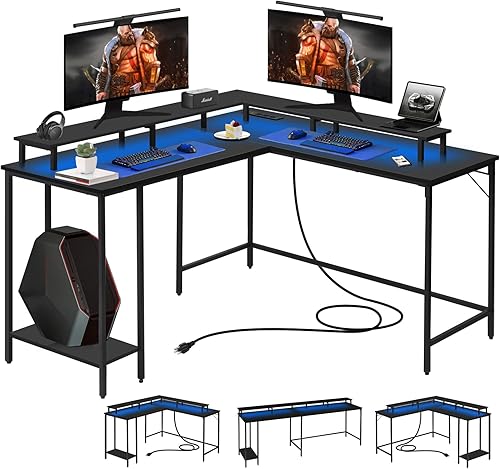 Panana Escritorio de computadora en forma de L de 53.5 pulgadas con luces LED y tomas de corriente, escritorio esquinero reversible en forma de L