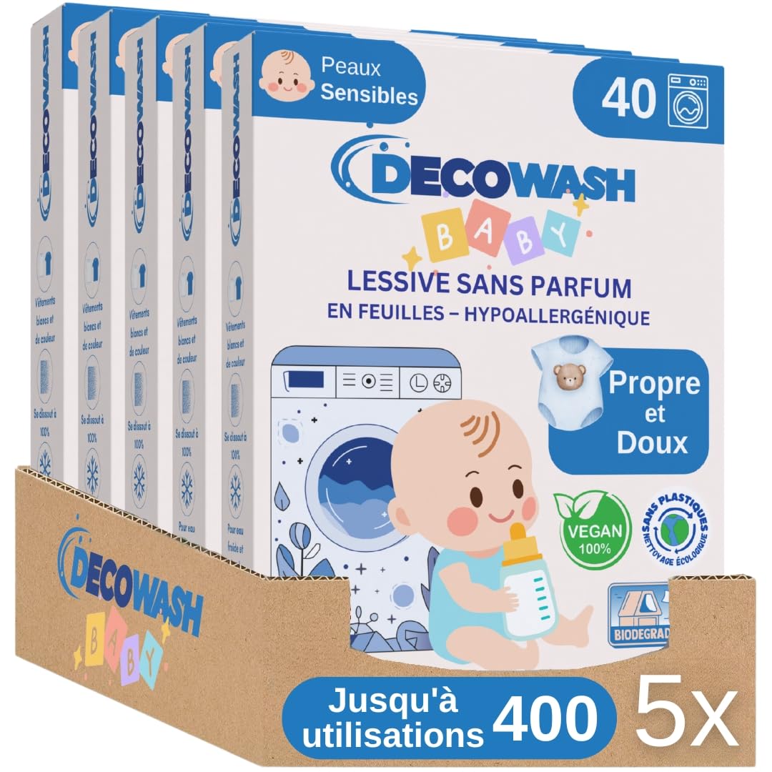 Lessive en Feuilles pour Bébé (400 Lavages) – Lessive Sans Parfum, Lessive Hypoallergénique, Lessive Écologique, 100% Biodégradable et Végan. Nettoyage Doux pour Peaux Sensibles. Sans Plastique.