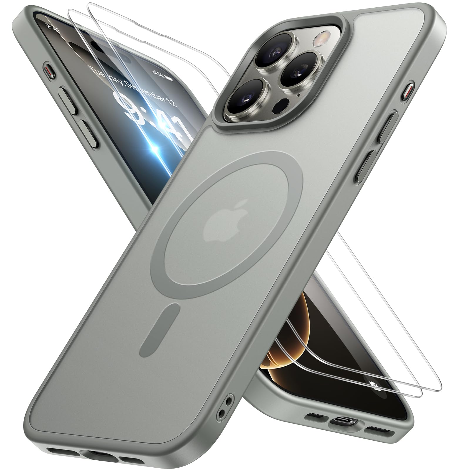 Miracase Magnetisch für iPhone 16 Pro Hülle für Magsafe[mit 2 Schutzglas] Militärschutz Stoßfest Kratzfest Anti-Fingerabdruck Samtige Touch Dünn Handyhülle für iPhone 16 Pro 6,3 Zoll, Grau