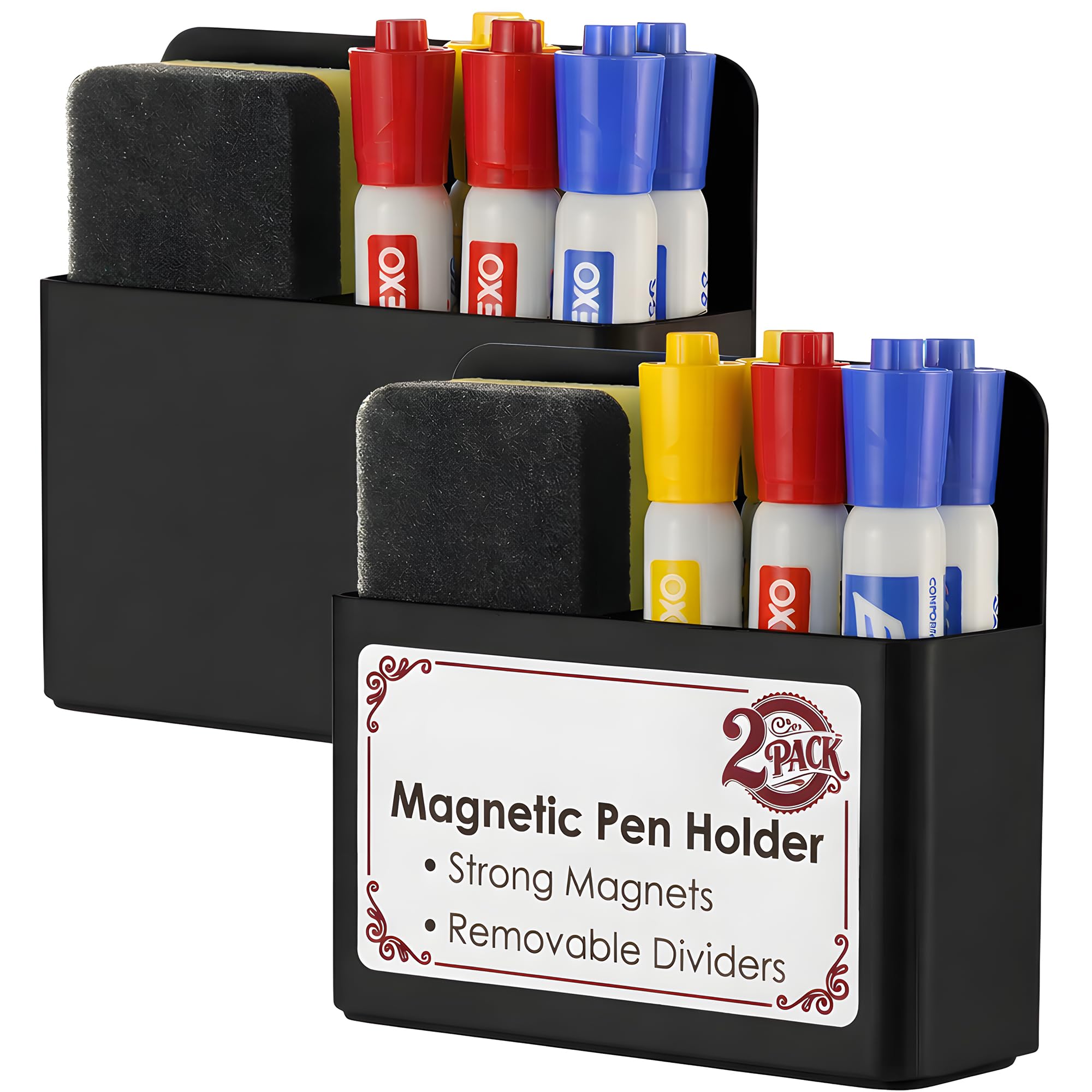 2 Pack Magnetic Pen Holder for Refrigerator Whiteboard Full-Back Magnet Dry Erase Marker Holder with Adjustable Divider Magnetic