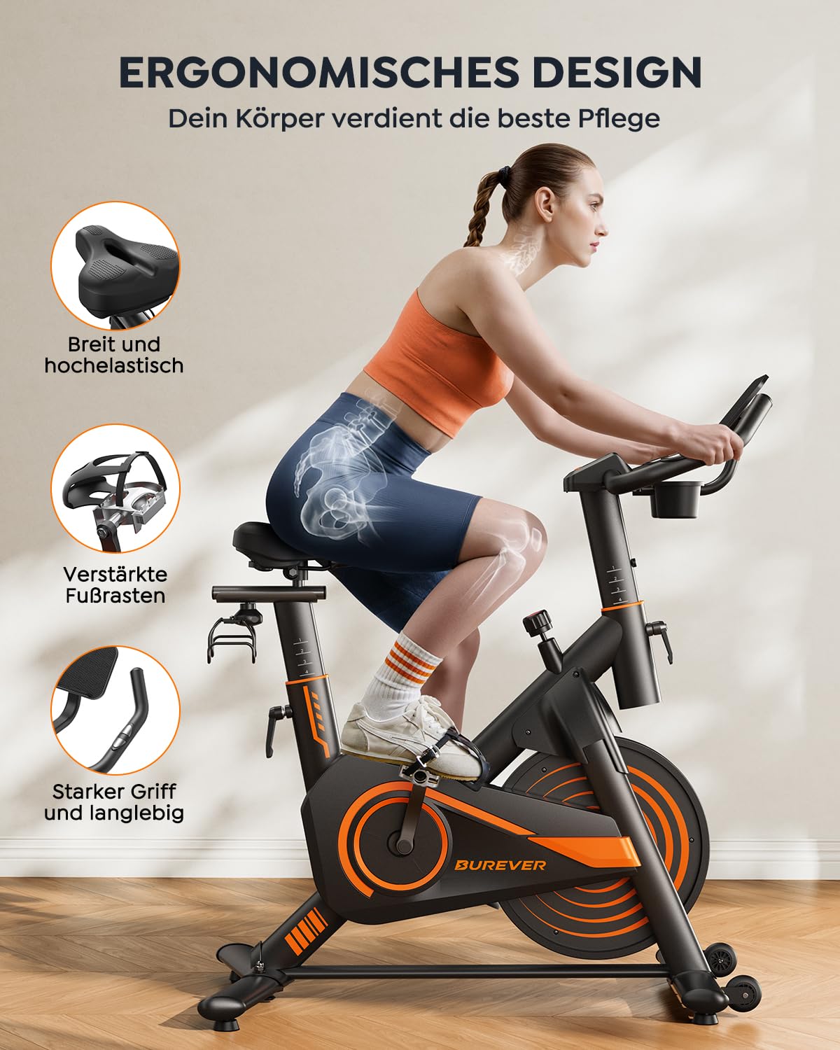 Hometrainer Fahrrad mit App, Ultraleise Heimtrainer Fahrrad, Ergonomisches Design, LCD Display mit Pulsmessung, Magnetischer Widerstand, 15KG Schwungrad, Bis 160KG