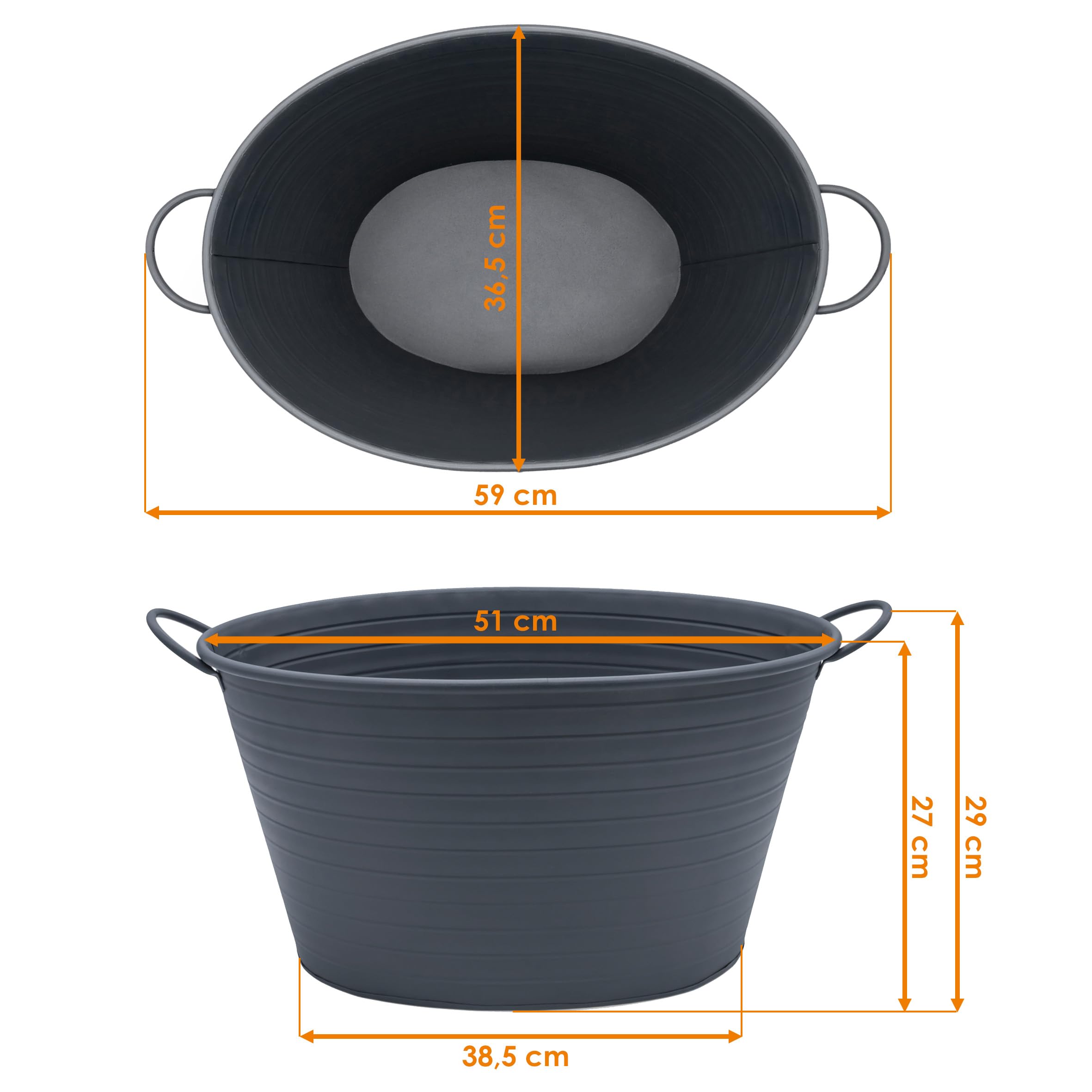 Spetebo Metallwanne oval mit Griffen, Dunkelgrau, 59 x 36 cm | Garten Metall Zierteich, Wasserwanne, Mini Gartenteich Teichwanne, Balkonteich, Blumenkübel Pflanzkübel