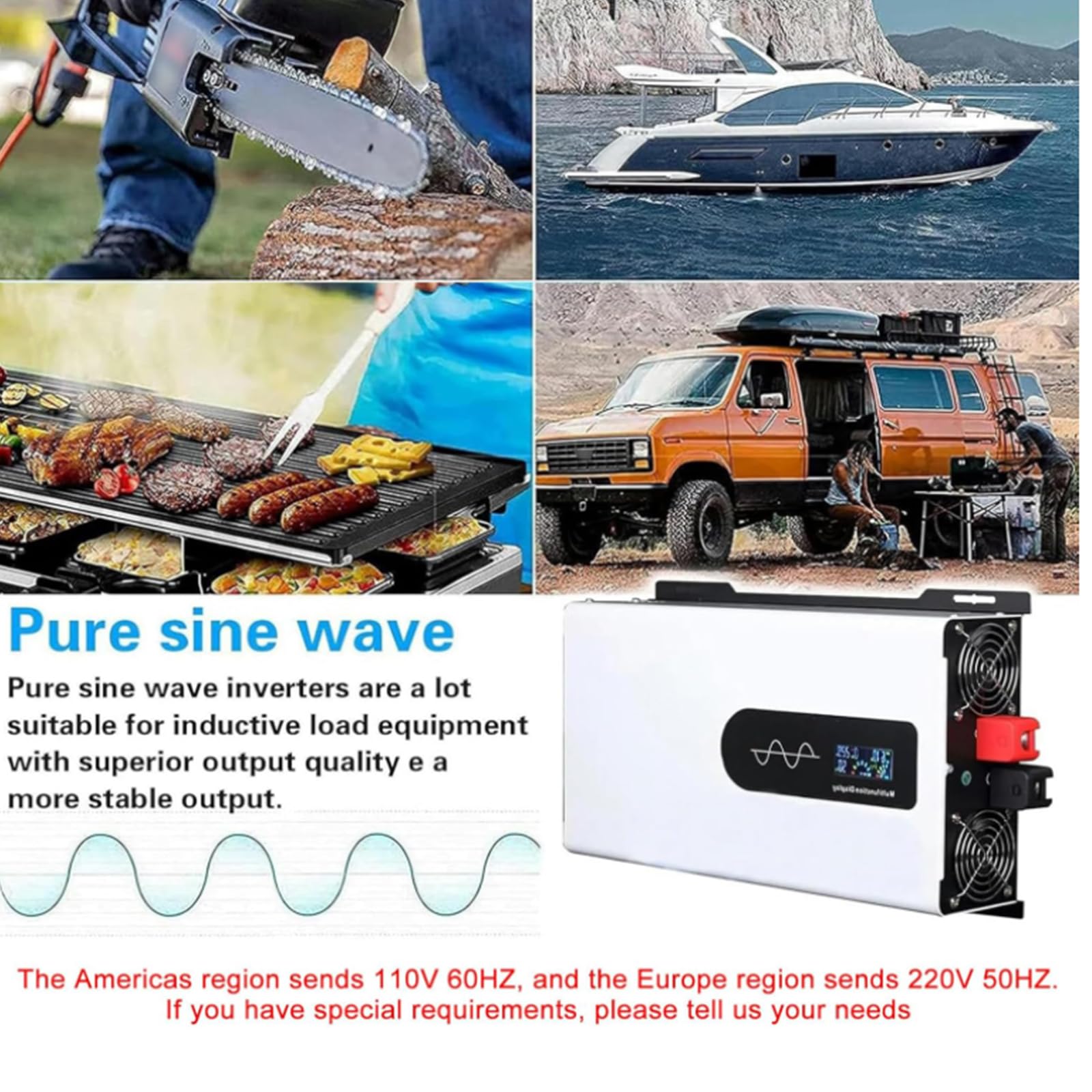 48V to 110V,Transformator mocy o czystej fali sinusoidalnej o mocy 3000 W (moc szczytowa 6000 W), dwa porty AC, konwerter napięcia DC 72 V, 60 V, 48 V, 24 V, 12 V na 110 V/220 V AC