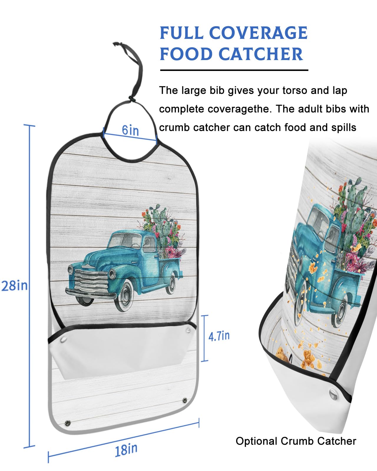 Summer Tropical Plant Adult Bibs for Eating, Waterproof Bibs with Food Catcher & Adjustable Snap Closure, Teal Cactus Truck Wood Welcome Washable Clothing Protectors Adult Bibs for Elderly Women/Men