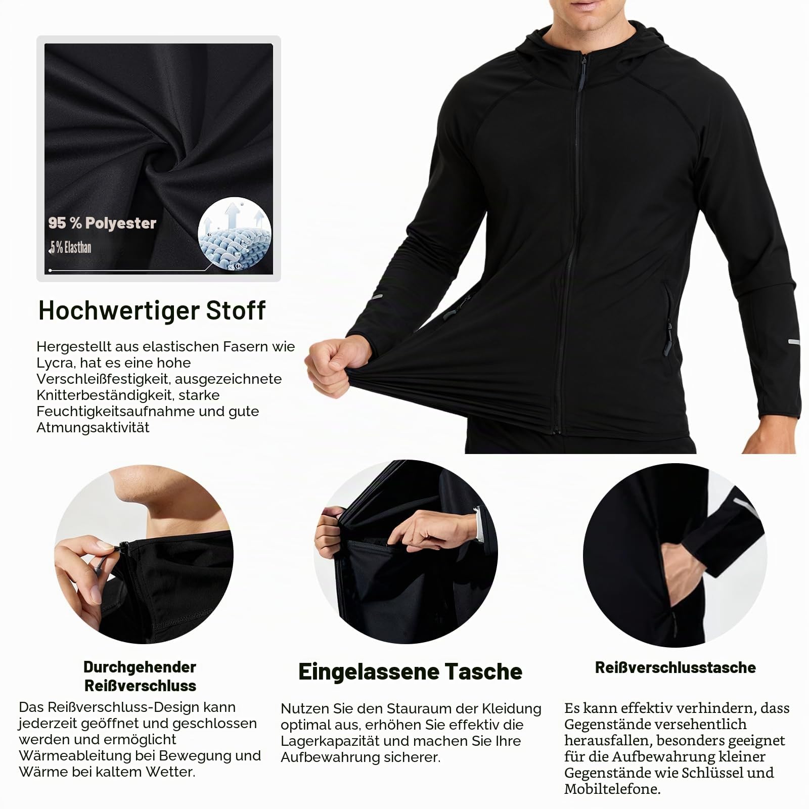 Herren Laufjacke Sportjacke Windbreaker Langarm Leichte Jacke Atmungsaktive Winddichte mit Reißverschluss taschen Reflektierendem Schnelltrocknende Trainingsjacke Radfahren Fitness