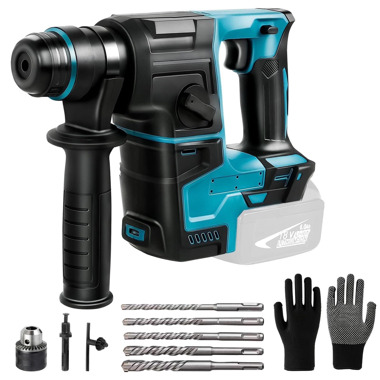 LIROPAU Hammer Drill Battery Compatible with Makita 18V Battery with 8 Bits and Gloves, 2.2 J, 1400 U/min, 4200 bpm, SDS Plus Mandrel for Home and Professional Use (without battery)