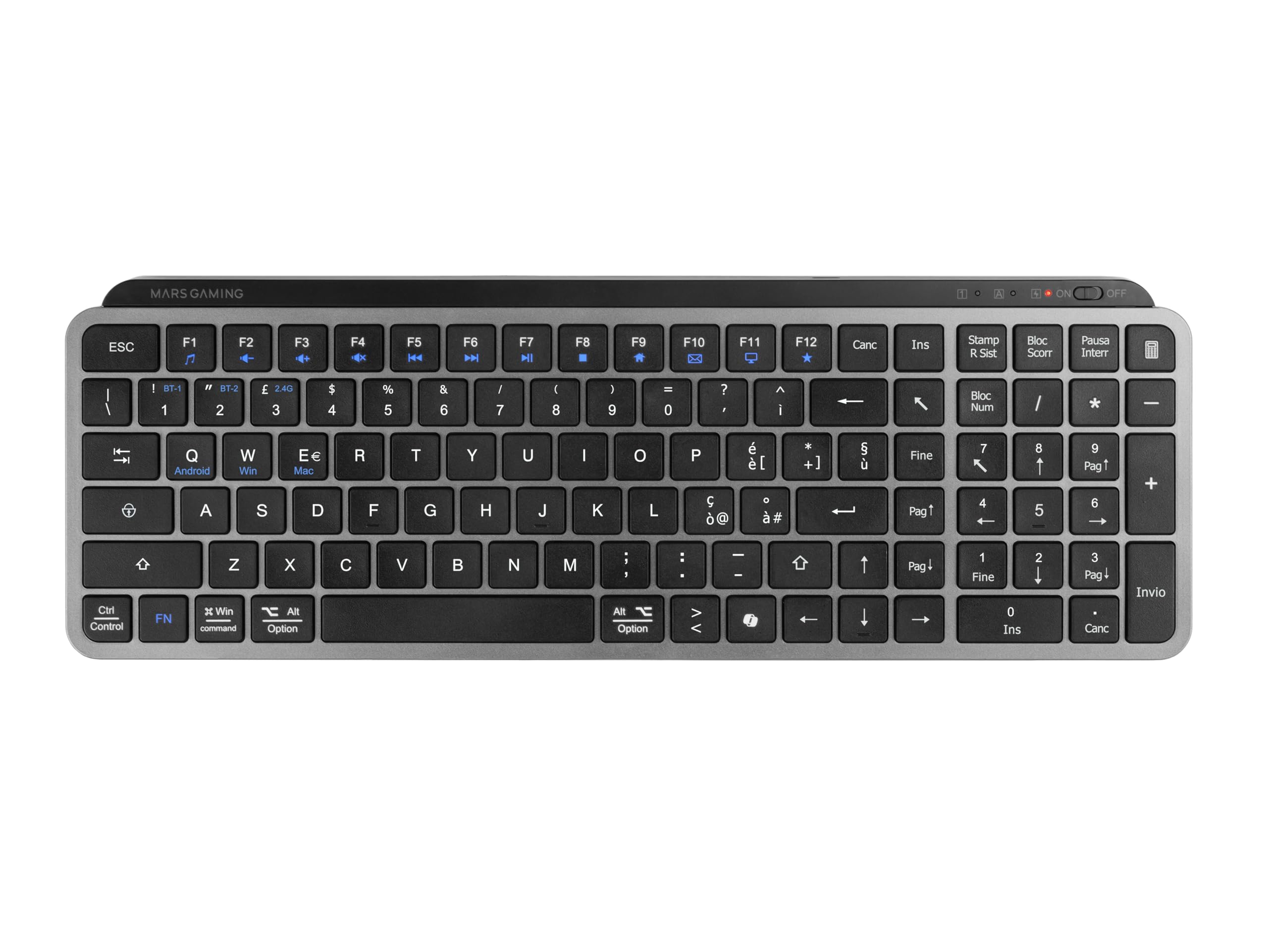 Mars Gaming MK-SILENKEYS, Italian, Compact Full-Format Wireless Keyboard, Low Profile, Silent Scissor Switches, Copilot AI Key, Bluetooth 5.1 Dual 2.4GPRO, 200h Battery, PC, Mac, Black