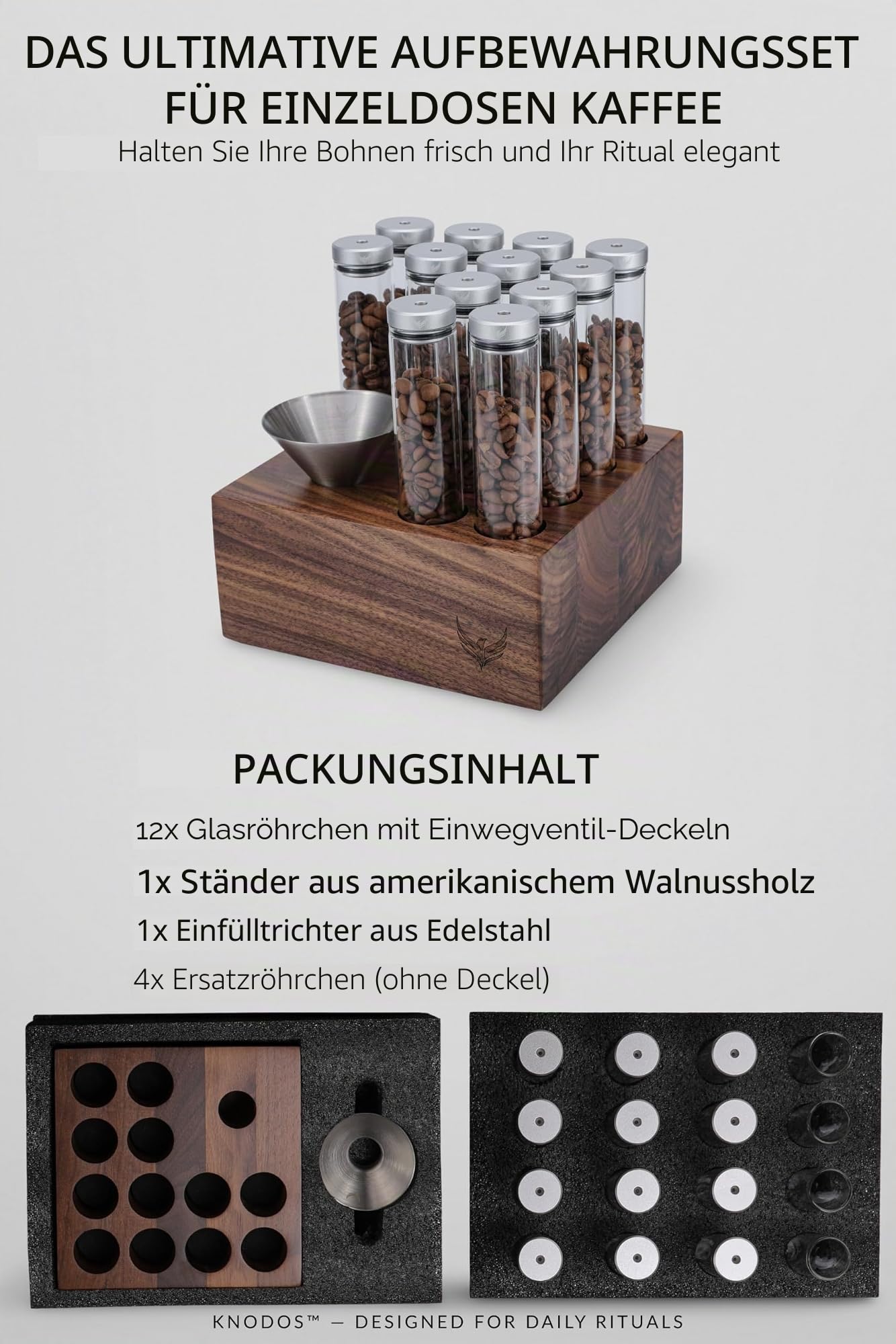 Kaffee Röhrchen Set – 12 Glasröhrchen mit Einweg-Entlüftungsventil, Walnussständer & Edelstahl-Trichter, Luftdicht für Single Dose Coffee Bean Storage Tubes & Frischebewahrung