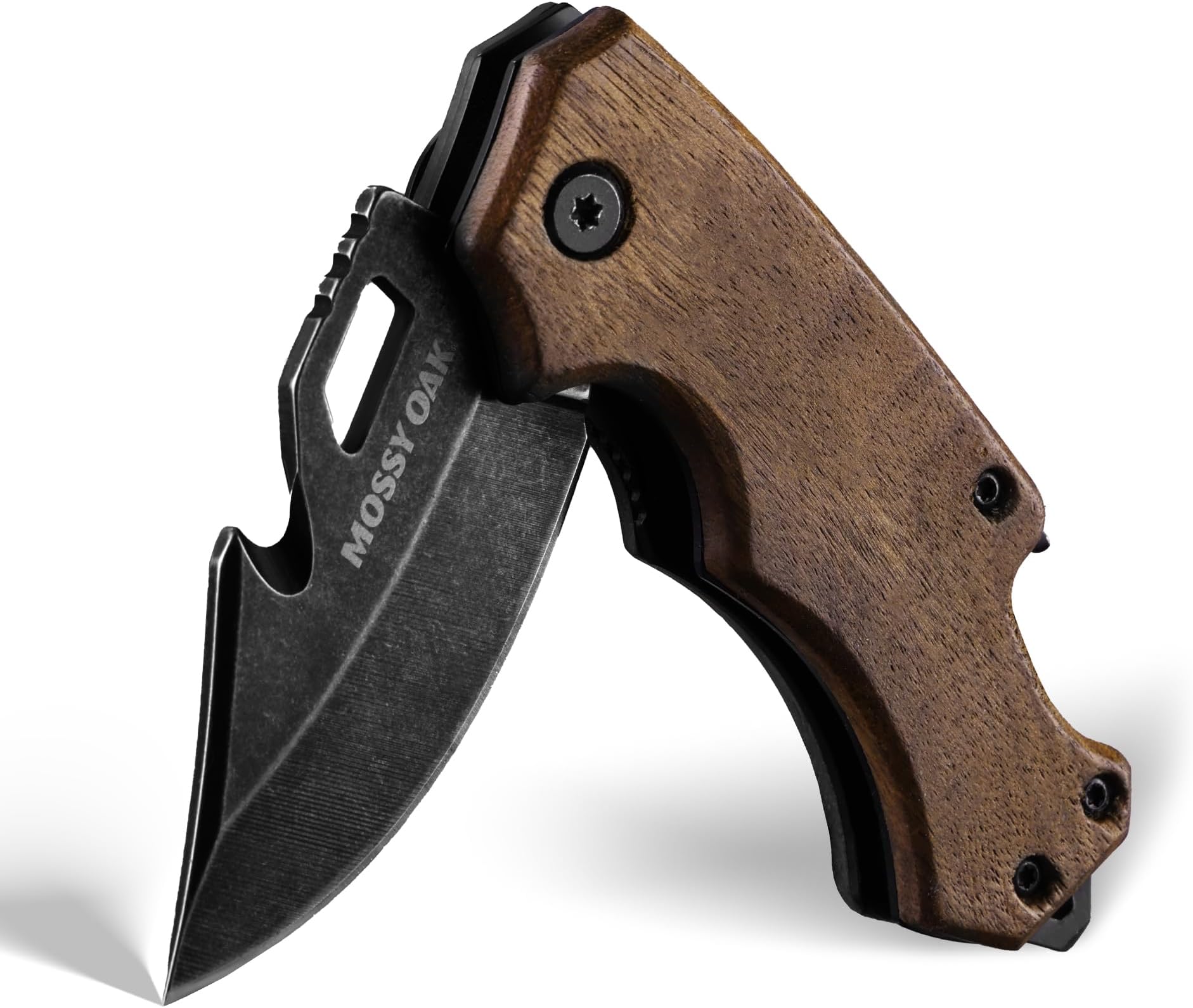 Mossy Oak Mini Folding Pocket Knife, Stainless Steel Drop Point Blade - EDC Multi-Tool with Bottle Opener and Glass Breaker, Wood Handle
