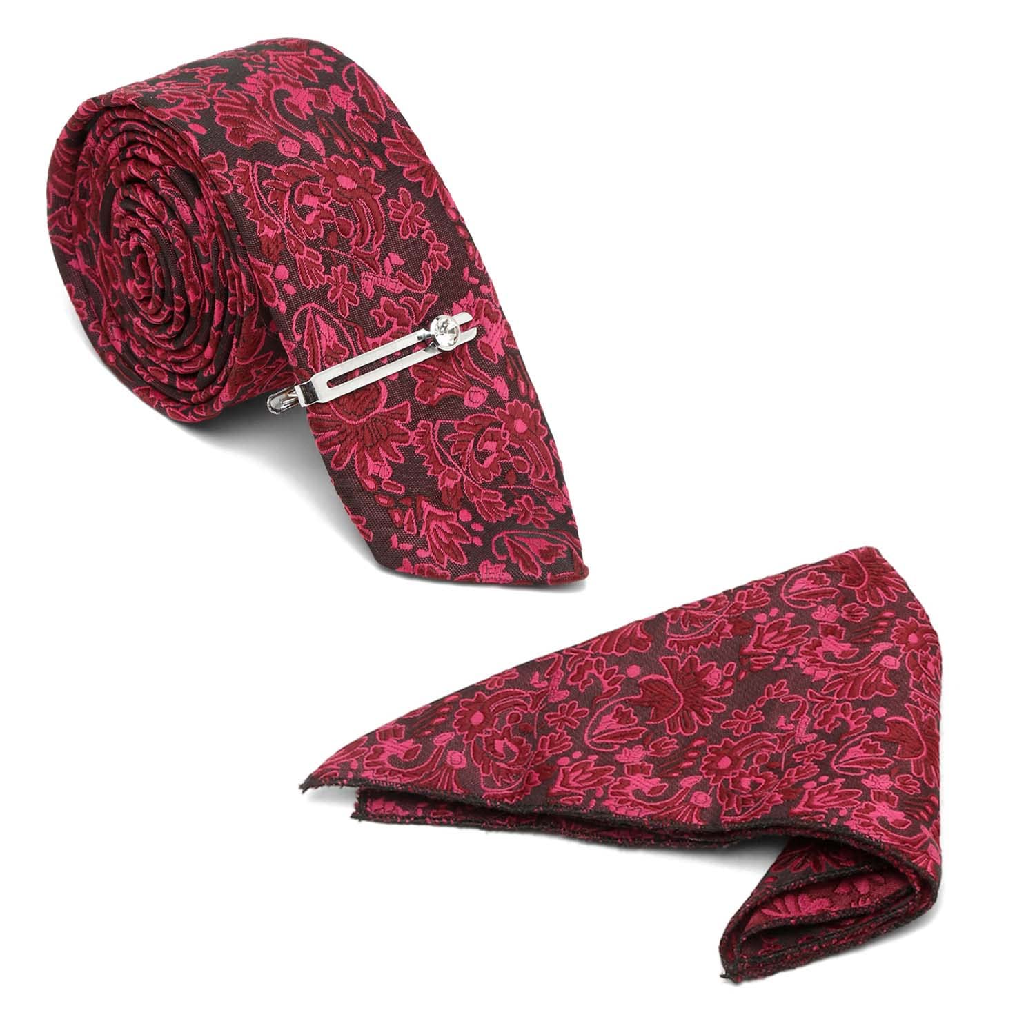 Mens Burgundy Italian Style Silk Necktie Set With Pocket Square Tie Chrome Tiepin (Suit Accessories) (Prague_TE)-image-12