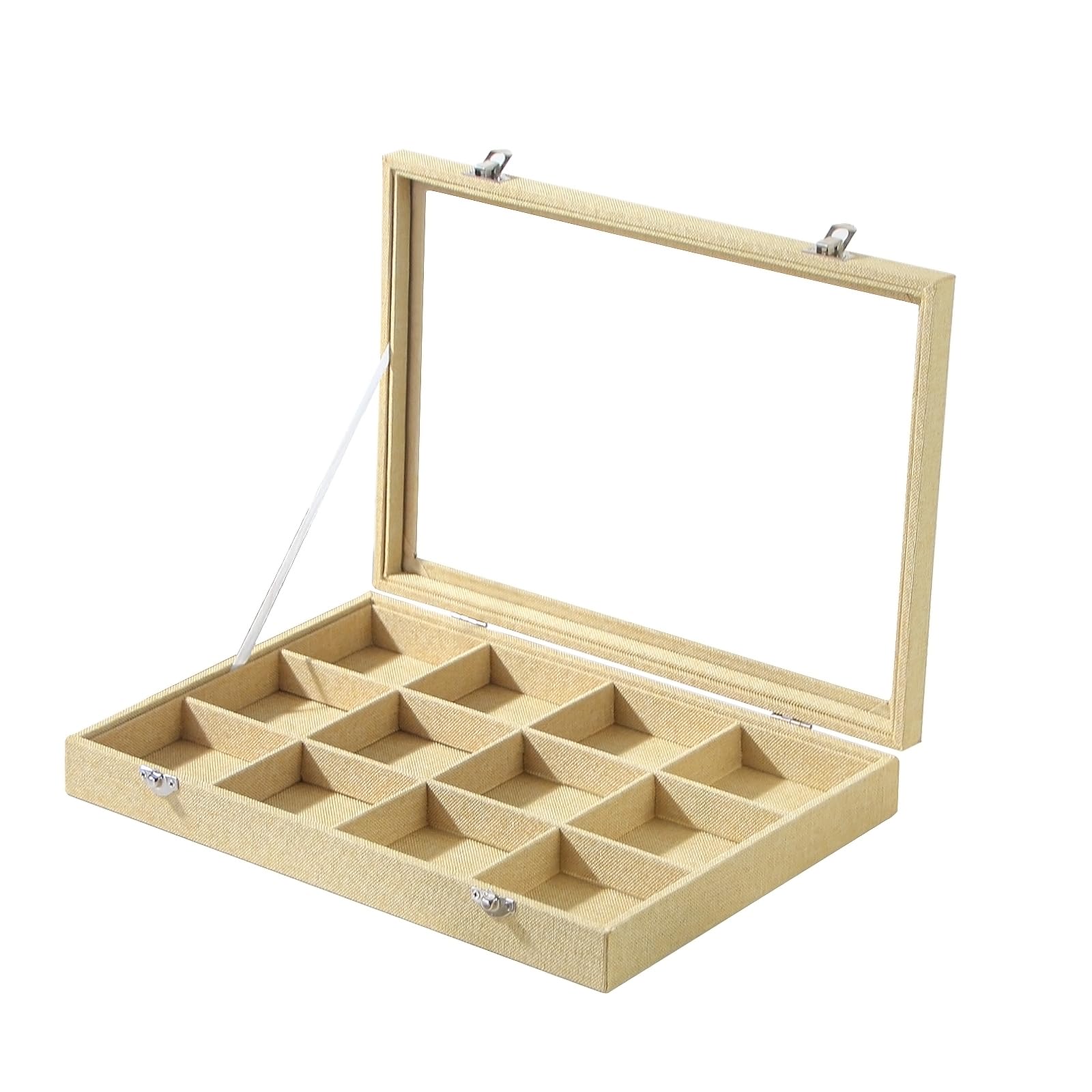 Coward Schmuck-Organizer-Box, gelbes Leinen, 12 Fächer, für Armband, Armreif, Halskette, Schmuck-Display mit transparentem Glasdeckel für Zuhause, Schublade, Schreibtisch oder Geschäft, Verkaufsshow