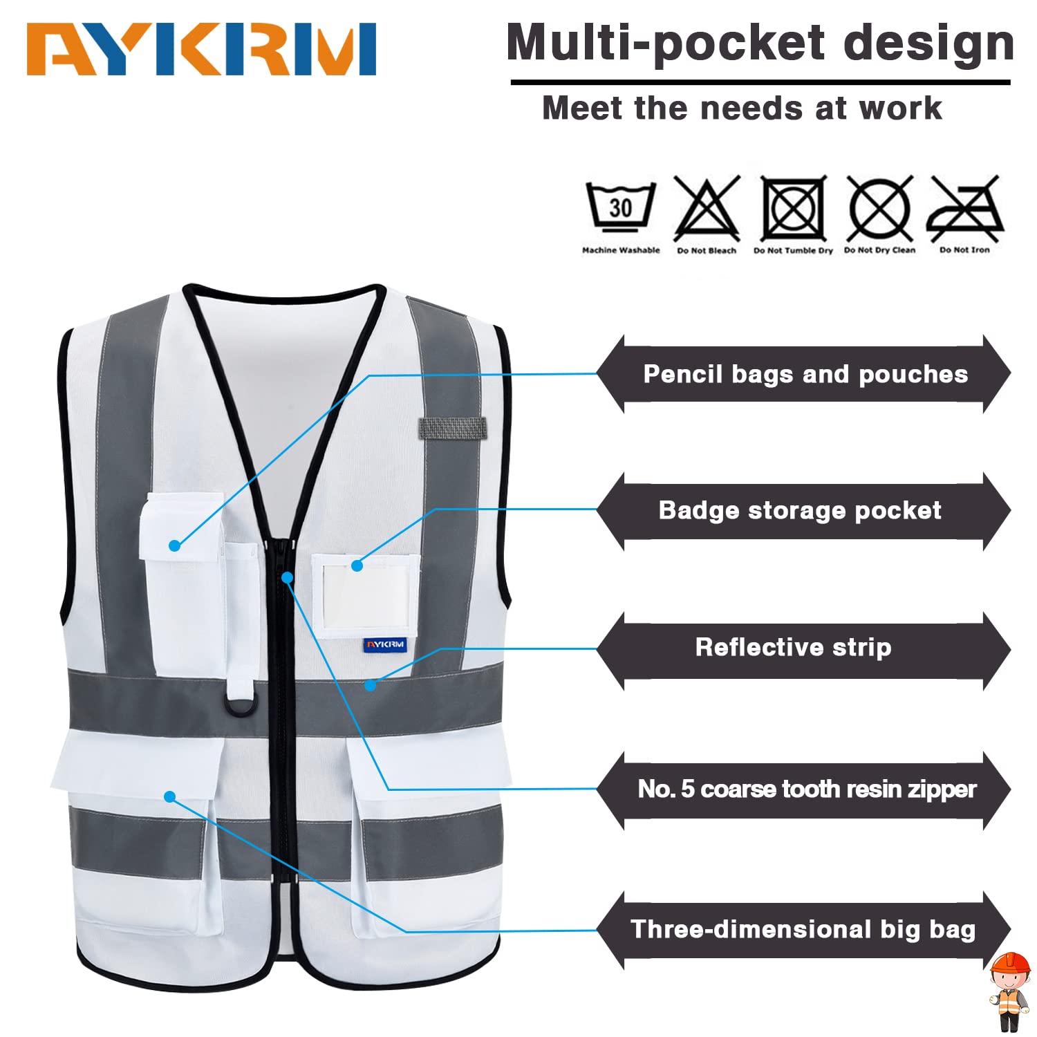 AYKRM Gilet Blanc Haute Visibilité Classe 2 Bandes Réfléchissantes