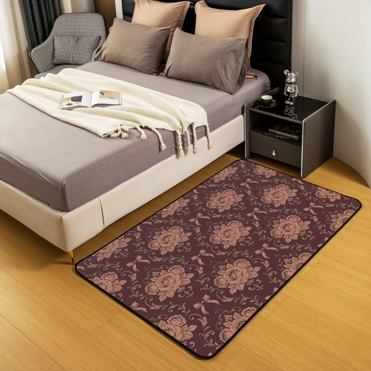 Homewish Damask Girls Bowknot czerwony brązowy damski dywanik 100 x 150 cm do sypialni - kokarda róża dywany salon wiktoriański gotycki nie gubi włosia dywan boho ciepłe miękkie pościel duże dywany