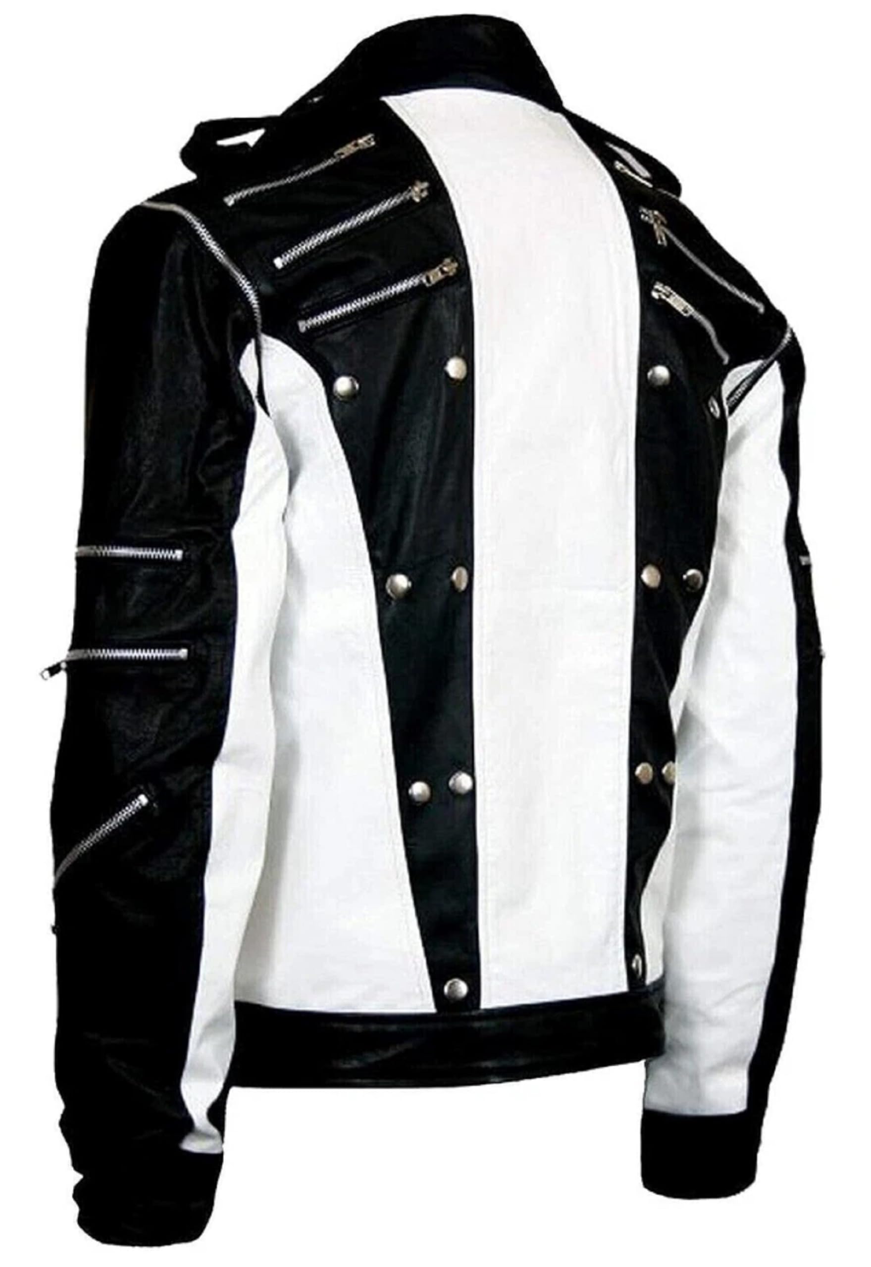 Chaqueta de cuero retro de los años 80 para hombre, estilo thriller, color negro y blanco, chaqueta de cosplay para Halloween, traje de estrella pop
