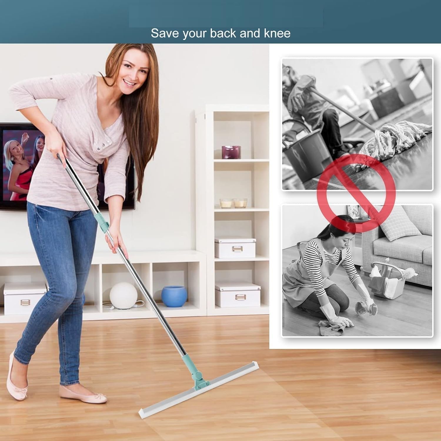 Silicone Rubber Blade Floor Wiper, Squeegee Broom with Long Telescopic Handle | 180 Rotating, Heavy-Duty Cleaning Broom for Tile, Glass, and Marble Floor - 52Cm Blade