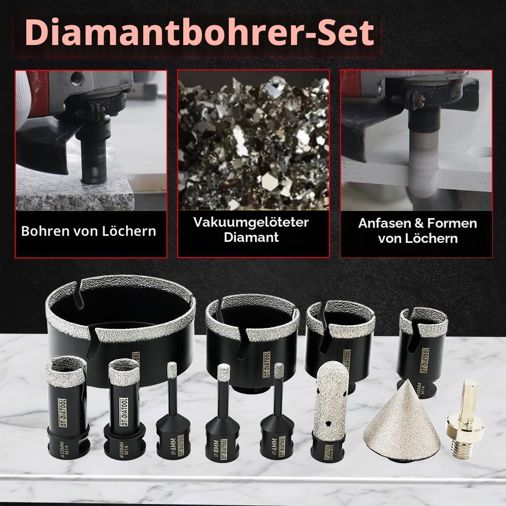 DT-DIATOOL Diamant-Fliesenbohrer 12-teilig M14 6/6/8/20/25/35/50/68/110mm+20mm Finger-Fräser+50mm Fase-Fächerfräser+ Adapter für Porzellan-Fliesen Marmor Granit