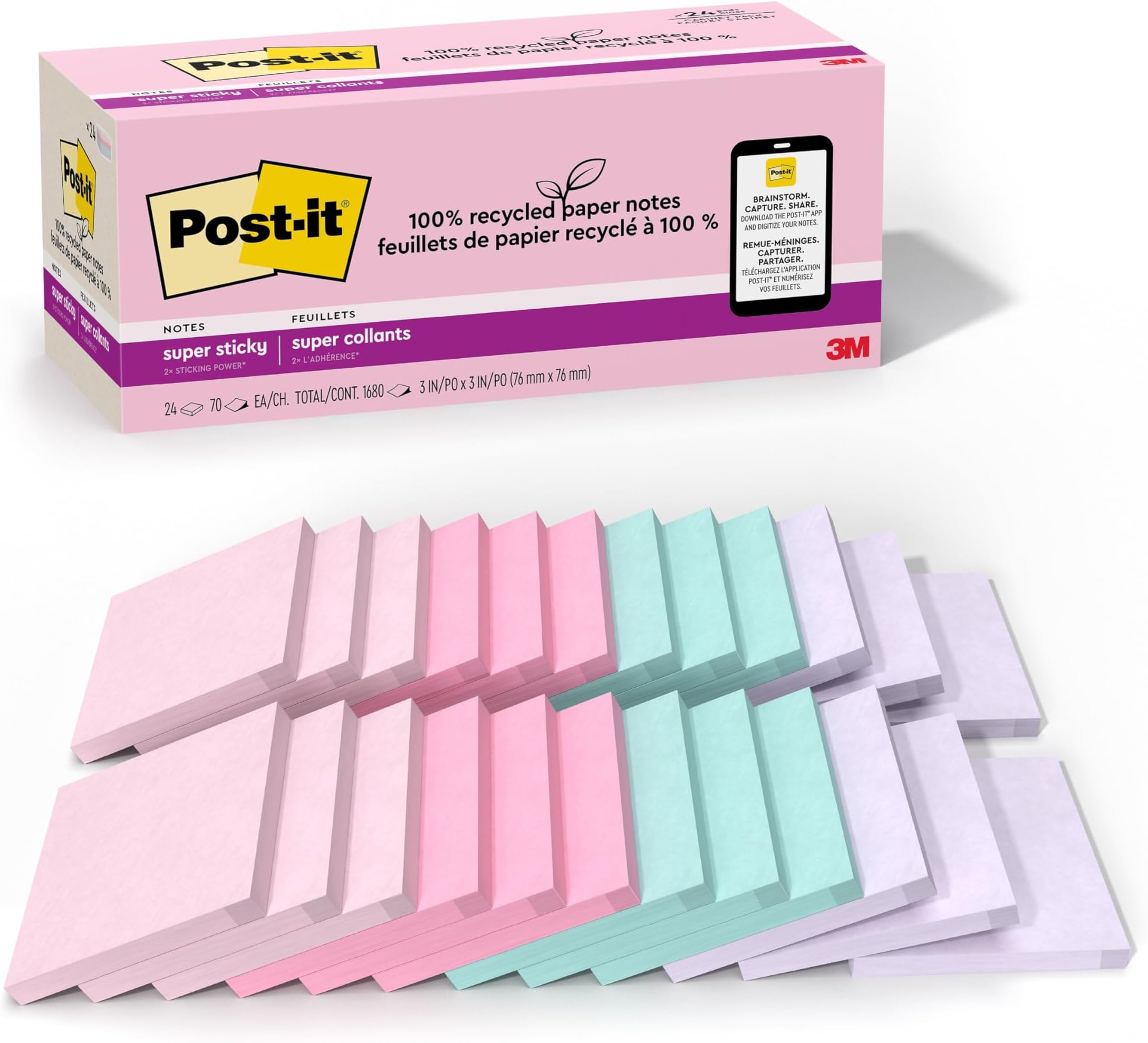 100% Recycled Paper Super Sticky Notes, 2X The Sticking Power, 3x3 in, 24 Pads/Pack, 70 Sheets/Pad, Wanderlust Pastels Collection (654R-24SSNRPCP)