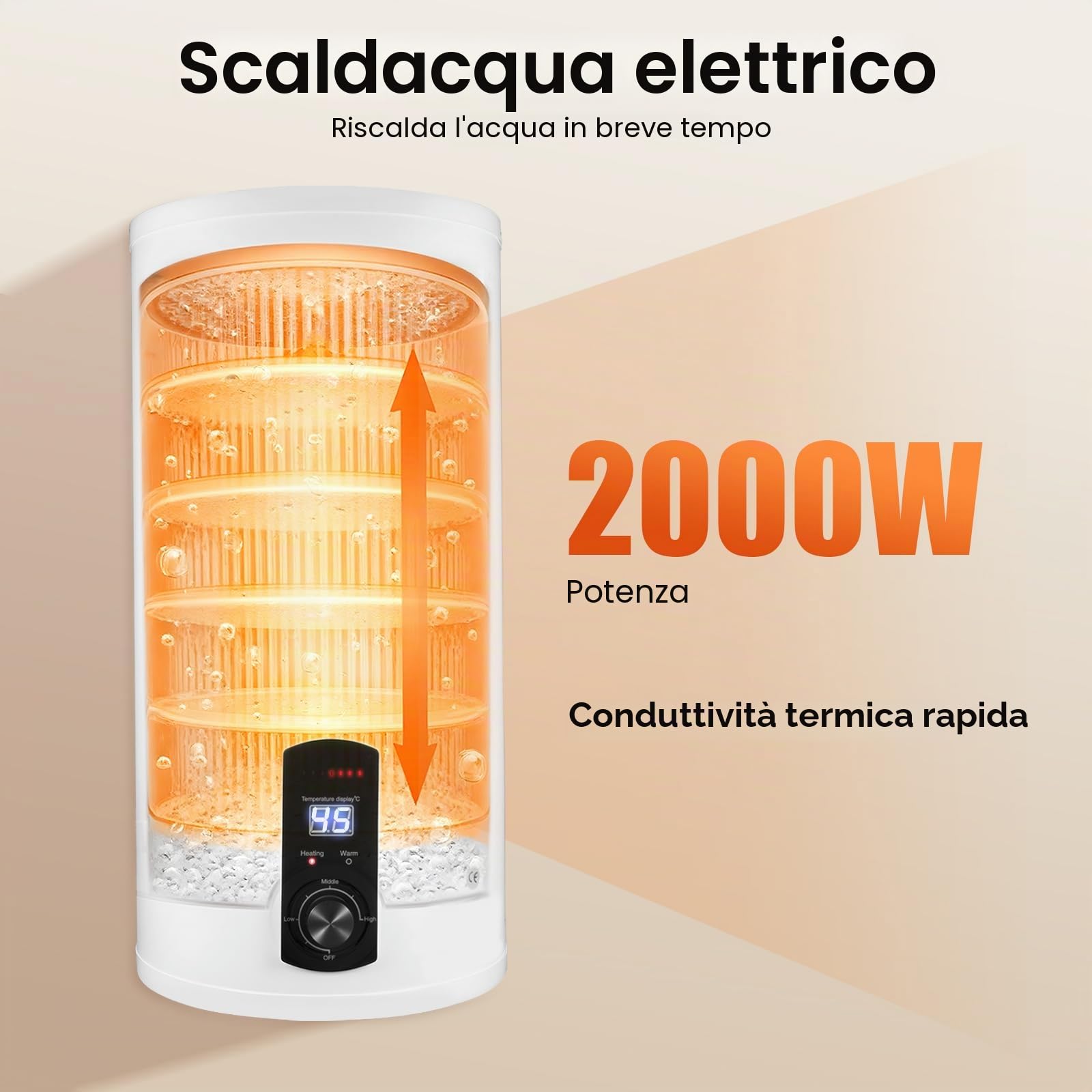 Scaldacqua istantaneo con serbatoio da 80 litri, scaldabagno elettrico con rubinetto e doccetta, dispositivo con contenitore interno smaltato, scaldabagno digitale con indicatore LED per bagno