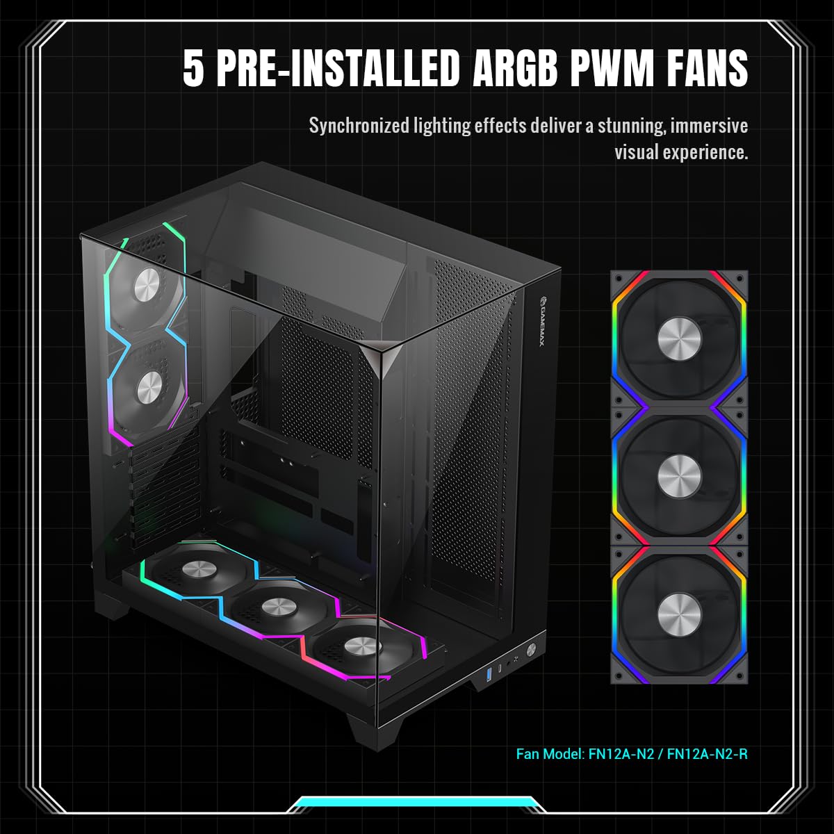 GAMEMAX Infinity PRO BK PC Gehäuse ATX Midi Tower, Panoramaglas 3-Seiten, 5X ARGB PWM Lüfter vorinstalliert, USB-C & Aura Sync, BTF Mainboard, Wasserkühlung bis 360mm – Schwarz