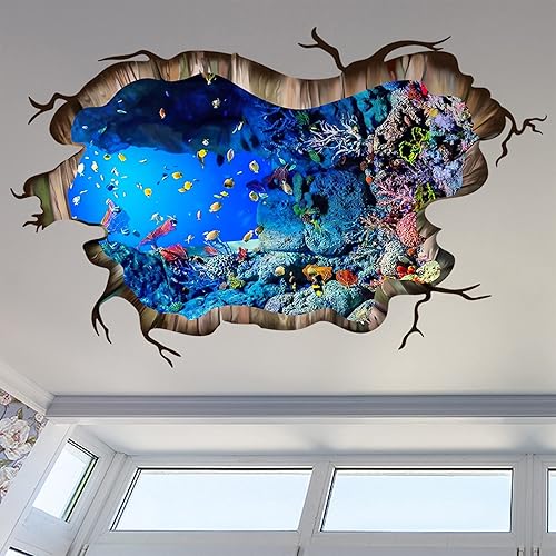 Miniatura 5 de Calcomanías de pared 3D bajo el mar, diseño de peces marinos, calcomanías de pared removibles para despegar y pegar, impermeable, para habitación de
