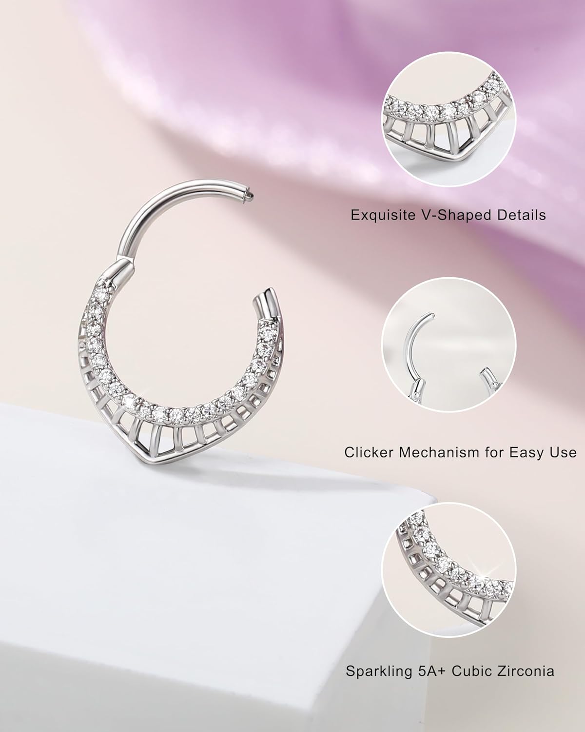 Jewseen 16G Teardrop Septum Ring 316L Surgical Steel Septum Piercing Jewelry Hinged Clicker V-Shaped Nose Rings for Women 8MM 10MM Daith Piercing Jewelry 316L Stainless Steel Daith Earring for Women - Image 5