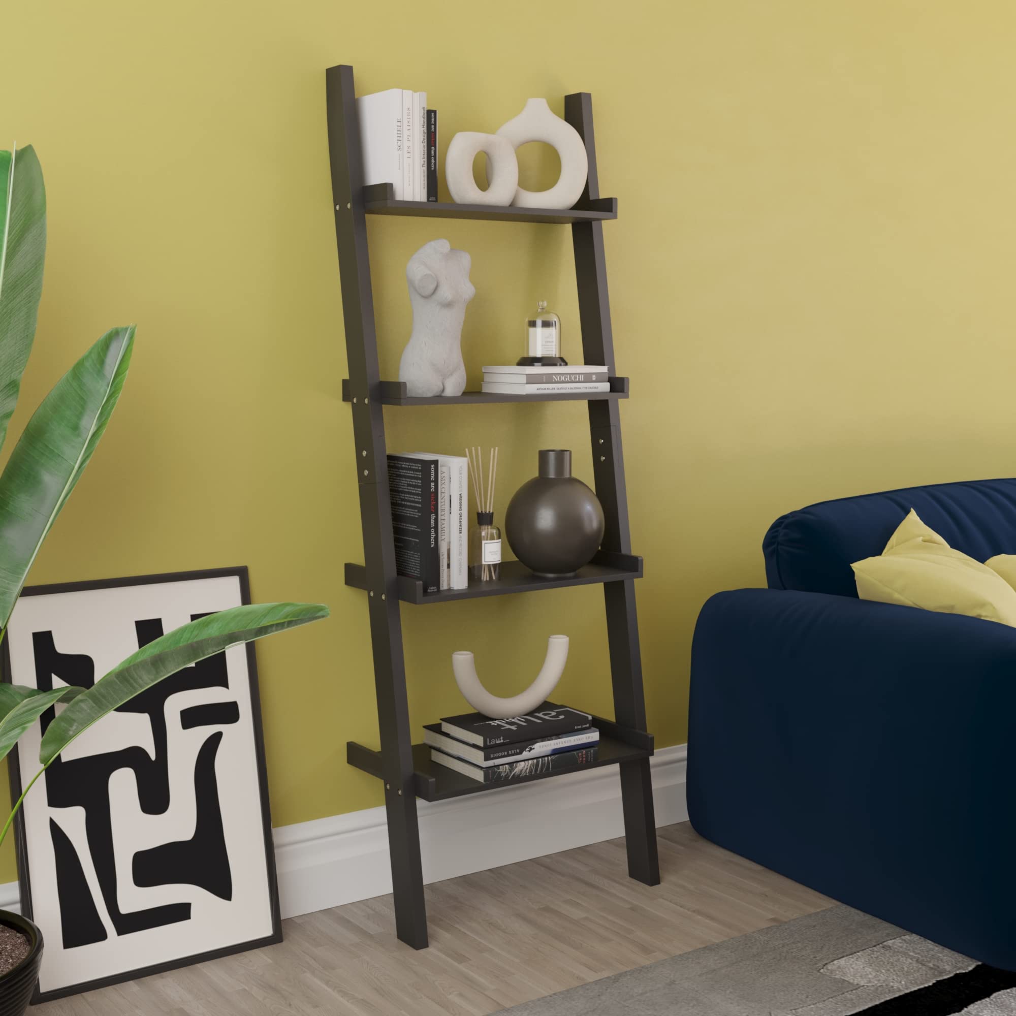 Vida Designs 4 Ripiano Slanted Scala Libreria, Moderno Leaning Shelf Unit for Soggiorno, Camera da letto or Ufficio, Space Saving Esposizione Storage, H154xW56xD29cm (Nero)