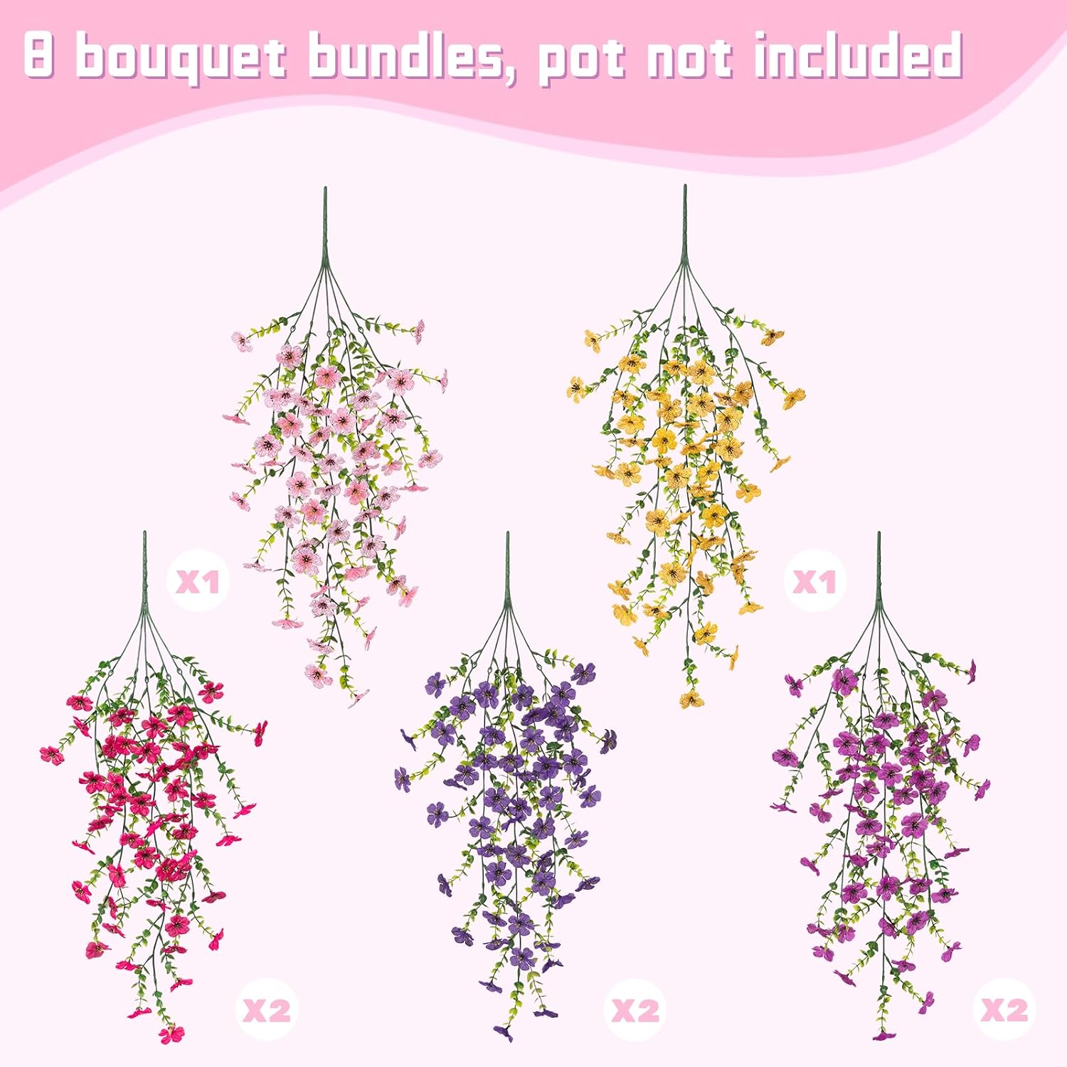 8PCS Artificial Hanging Fake Flowers for Outdoor Decoration Faux Silk Flowers Plants for Outdoor Outside Planter UV Resistant Daisy with Eucalyptus Leaves, Porch Front Door Patio Balcony Yard Decor