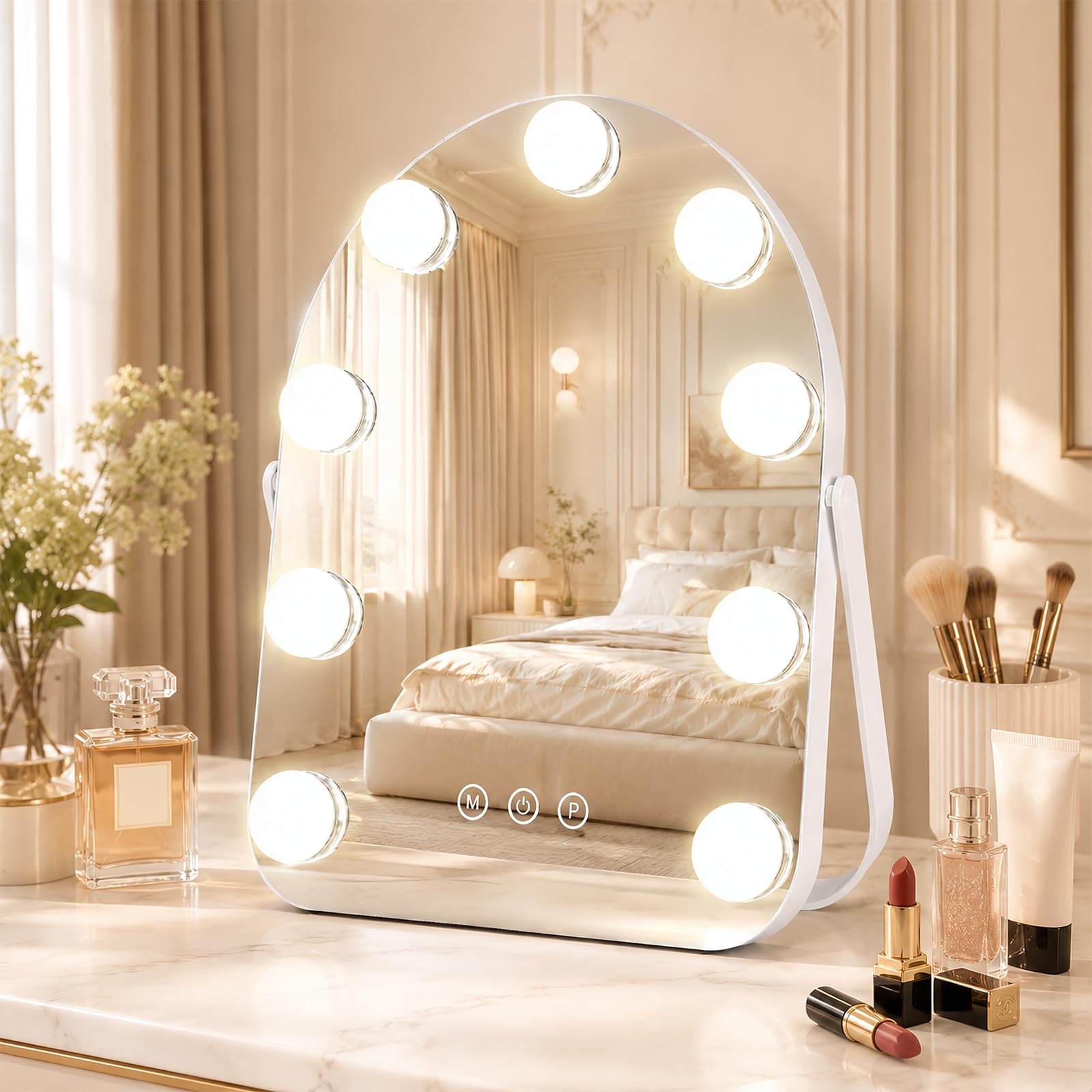 Tuocal Hollywood Vanity Mirror with Lights, 30x25cm Lighted Makeup Mirror with 9 Dimmable Bulbs, Smart Touch Control, 3 Color Lighting Modes, 360°Rotation, Smart Memory, Dressing Table Mirror White