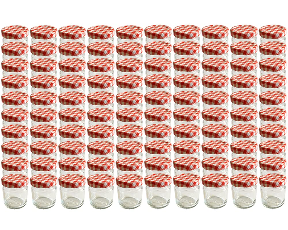 hocz 100er Set Sturzgläser Mini Gläser 53 ml Deckelfarbe Rot Kariert To 43 mit Schraub-Deckel Rundgläser Honig Kaviar Marmeladengläser Obstgläser Honig, Gläser, Portionsgläser