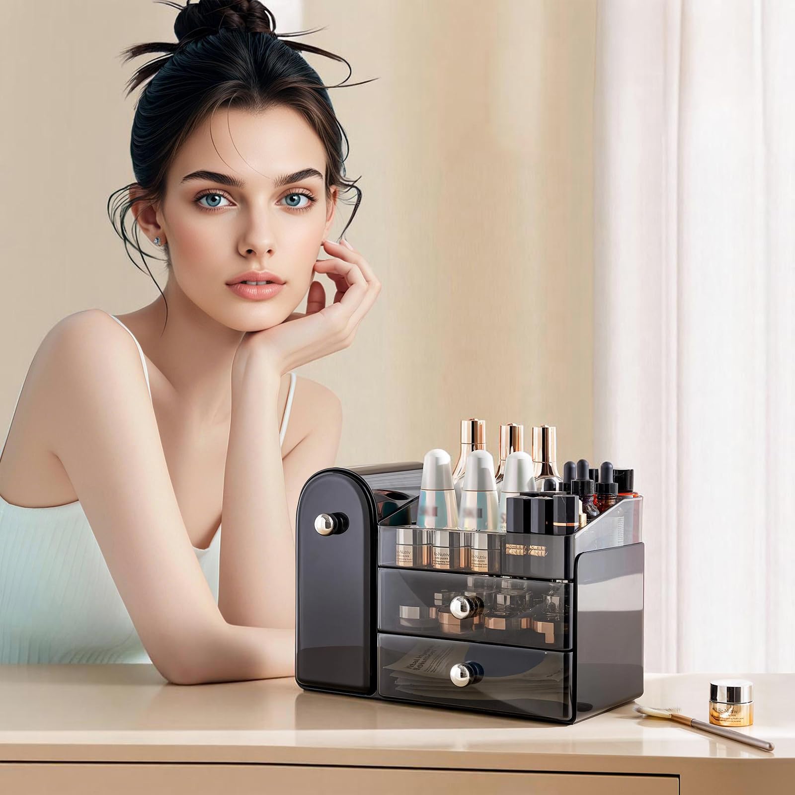 Organizador de brochas de maquillaje con tapa a prueba de polvo de cierre completo, organizador de cosméticos de tocador con 2 cajones para tocador o encimera de baño