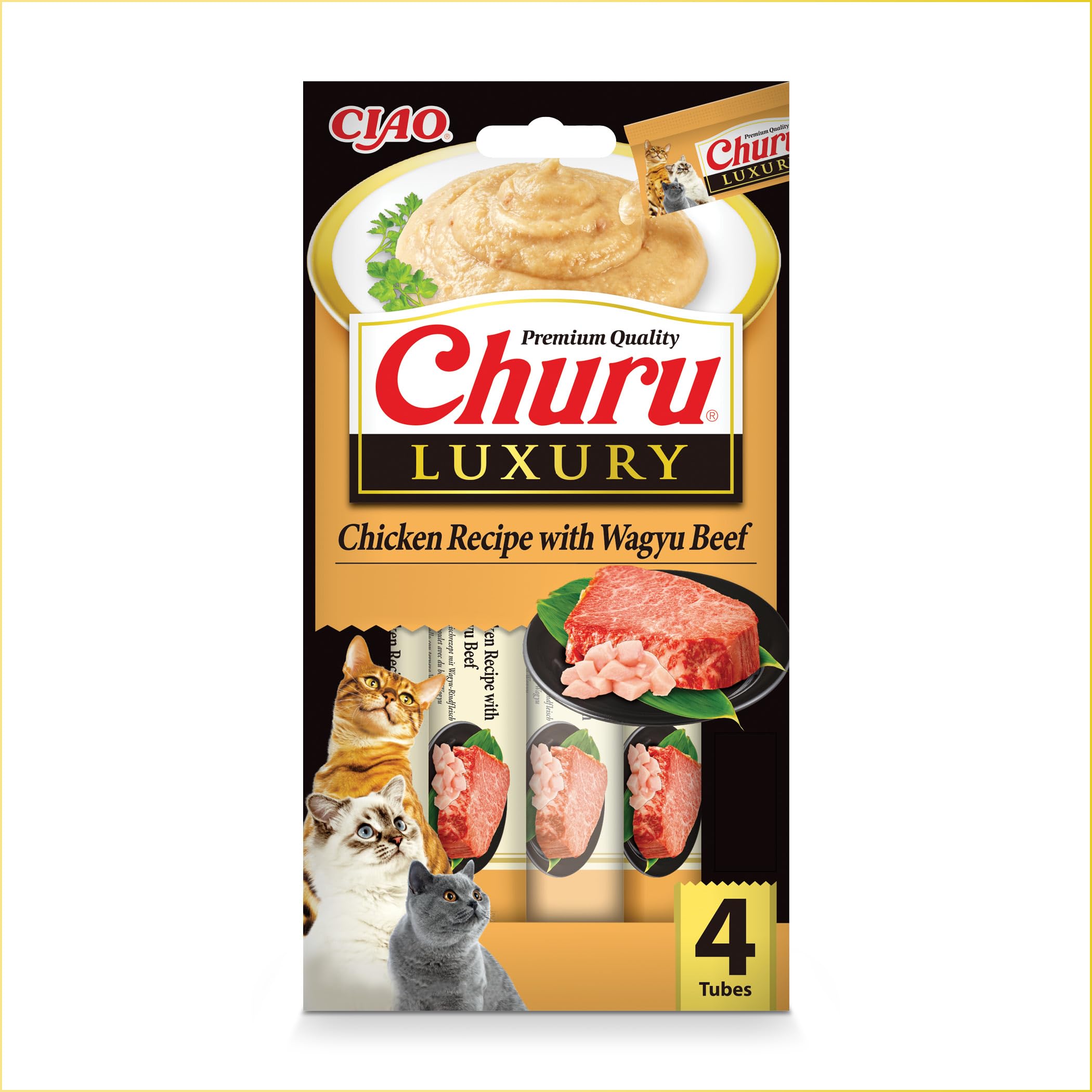 INABA Churu Luxury Gatos - Receta Saludable de Pollo y Carne de Wagyu - Deliciosos Premios con Textura Suave y Cremosa - Natural, Sin Cereales, Sin Colorantes-56g (4 Tubos x 14g)