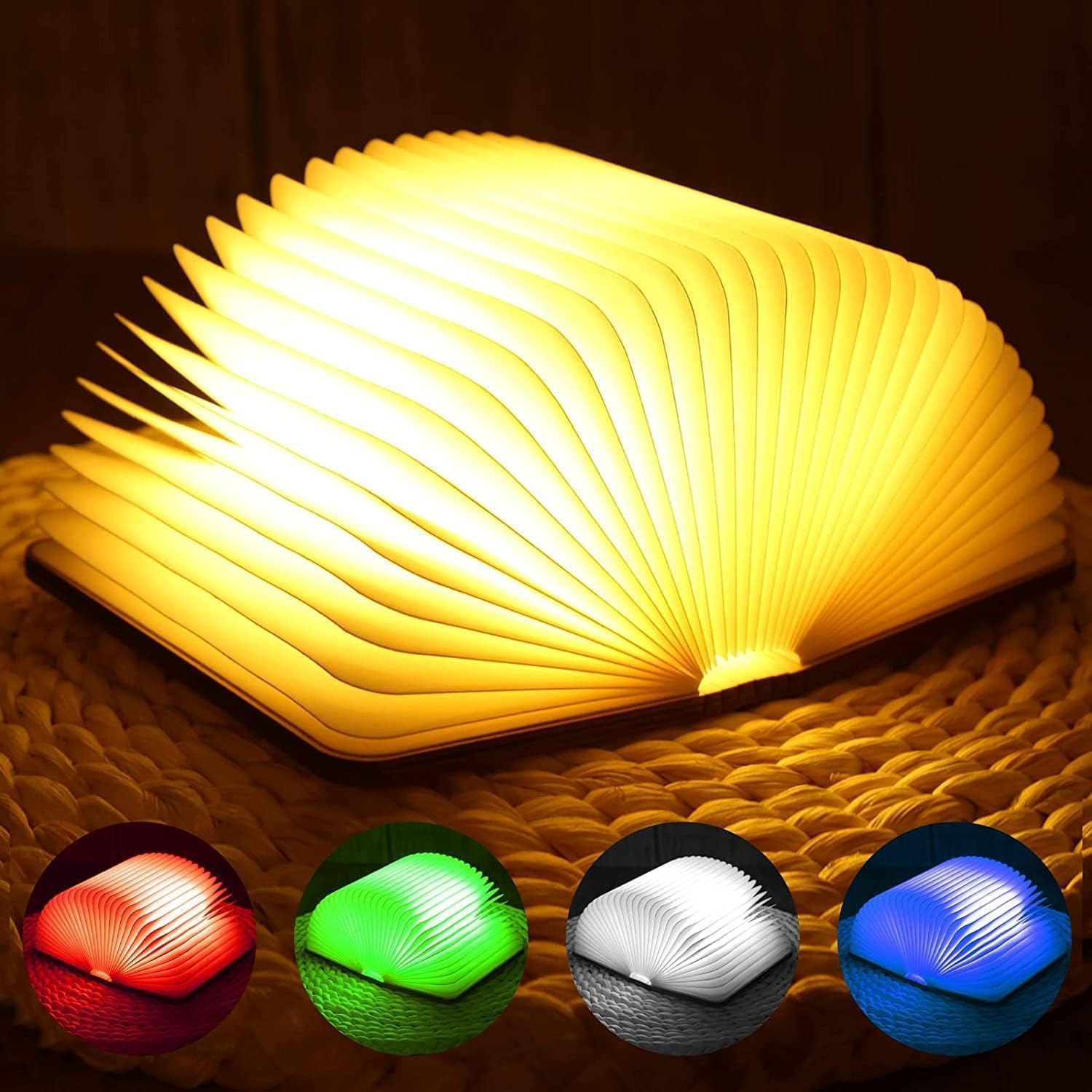 Wooden Book Light, Novelty Folding Book Lamp, 5 Colors LED Night Light, Portable USB Rechargeable Desk Light, Magnetic Design Creative Gift for Children, Parents, Friends, 17 x 14 x 2.5 cm