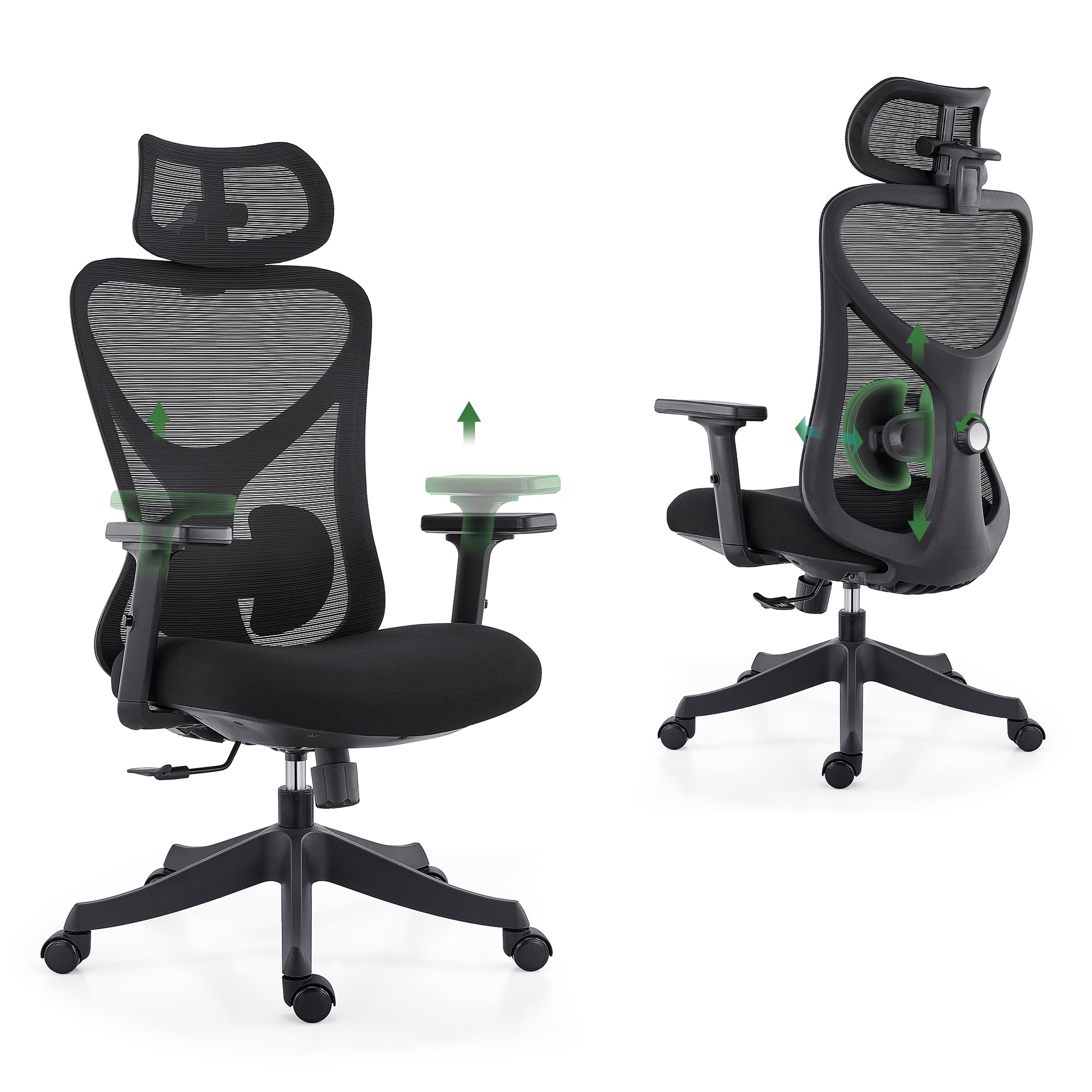 CALIYO G-1635H Bürostuhl Ergonomisch, Schreibtischstuhl mit Verstellbarer Kopfstütze, Armlehnen, Lendenstütze und Wippfunktion – Atmungsaktiver Mesh-Drehstuhl, Gamingstuhl, Bürostuhl 150 kg, Schwarz
