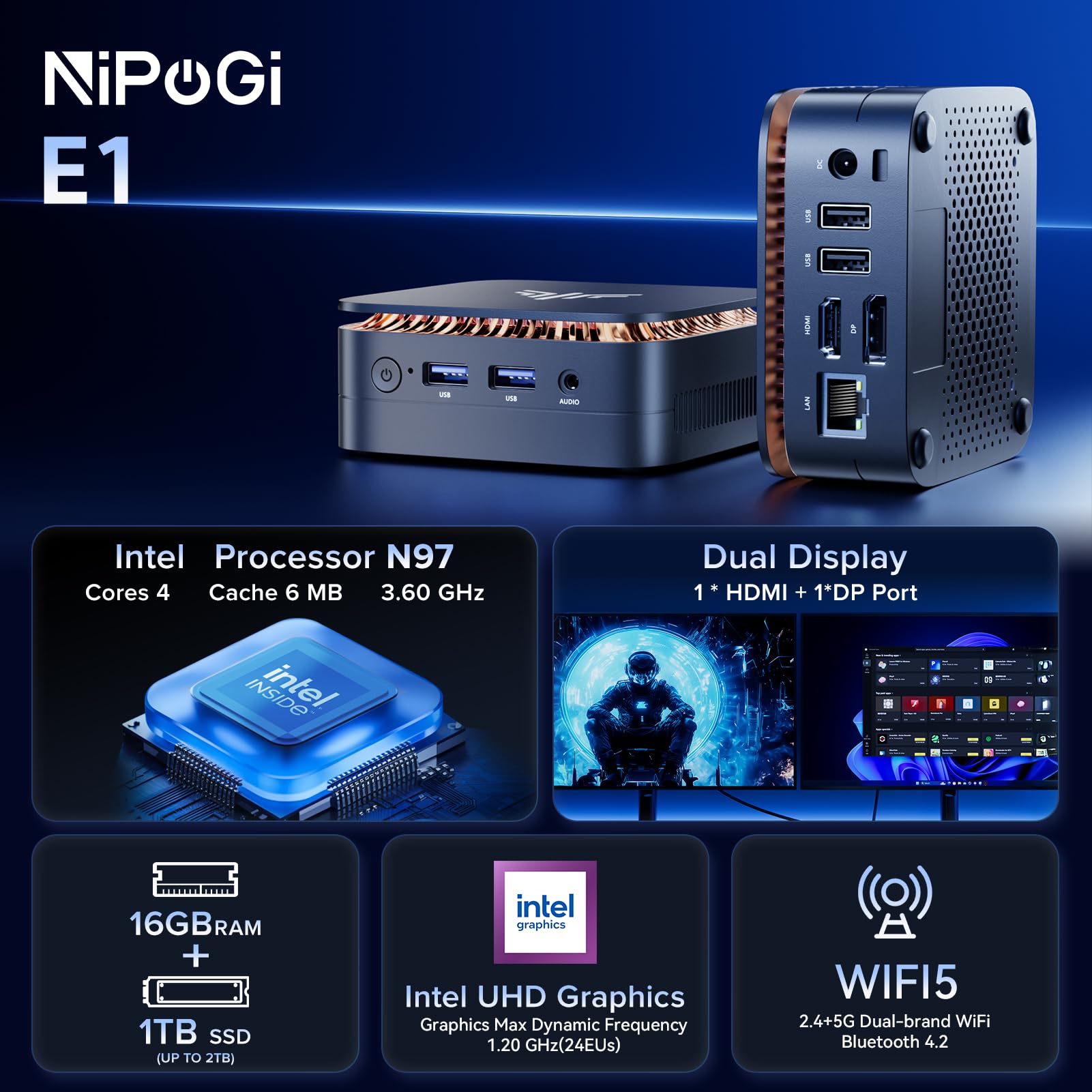 NiPoGi Essenx E1 Mini PC W-11 Pro Ιntel Alder Lake N97(bis 3,6 GHz) 16 GB DDR4 1 TB SSD, Mini Computer HDMI 2.0+DP 1.4 Dual UHD Display 4K@60Hz Desktop PC Gigabit Ethernet/2.4+5G WiFi/BT4.2 für Büro