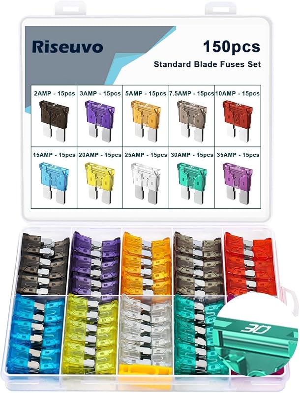 Riseuvo 150Pcs Standard ATC Blade Fuses Assortment Kit with Fuse Puller | Includes 2A–35A Auto Fuses, With White Top Amp Markings, Compatible with Cars, RVs, Trucks, Boats and Trailers
