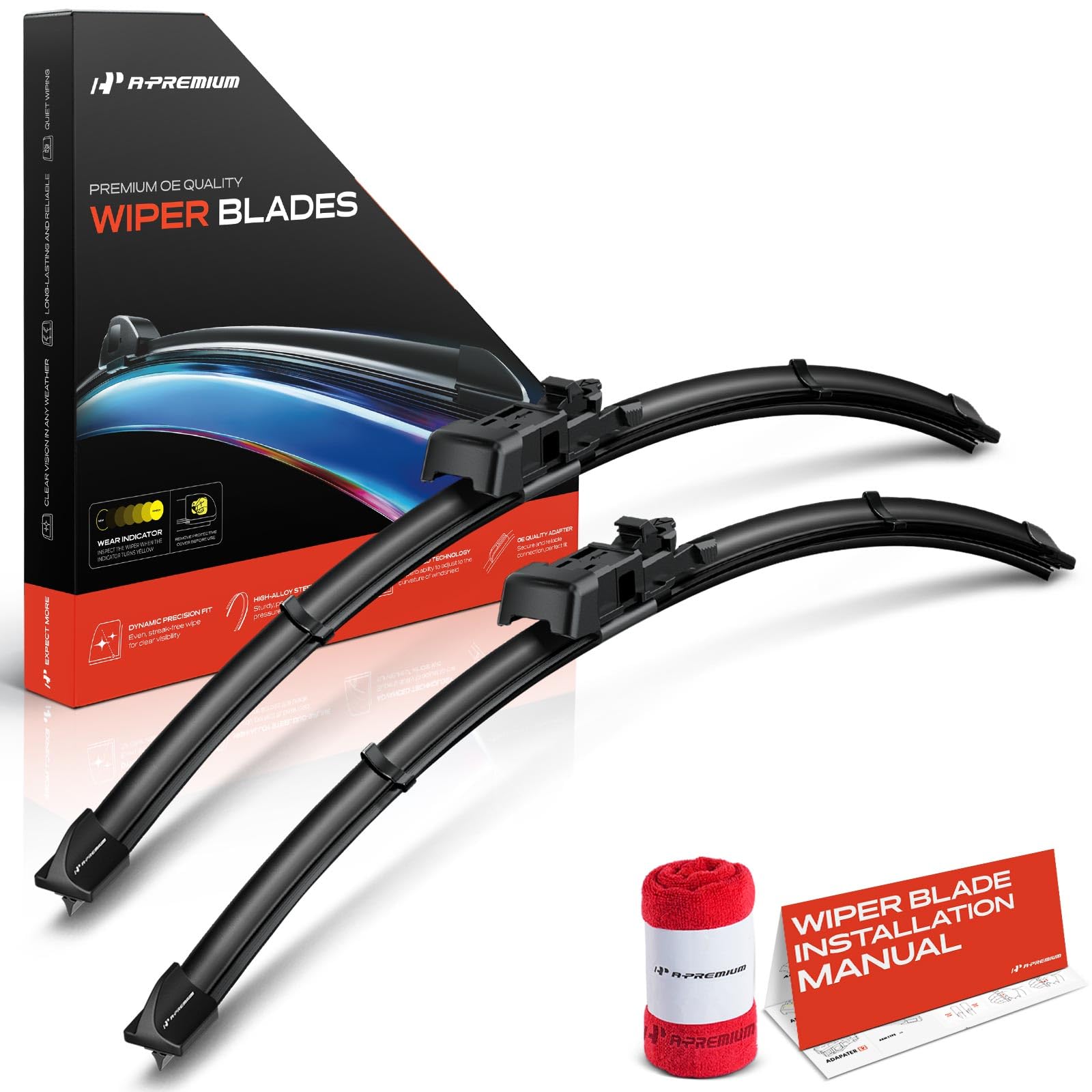 A-Premium Pack of 2 Windshield Wiper Blades with Wear Indicator & Towel - Compatible with BMW 1 Series M 2011, 118i 2012-2013, 120i, 125i, 128i, 130i,