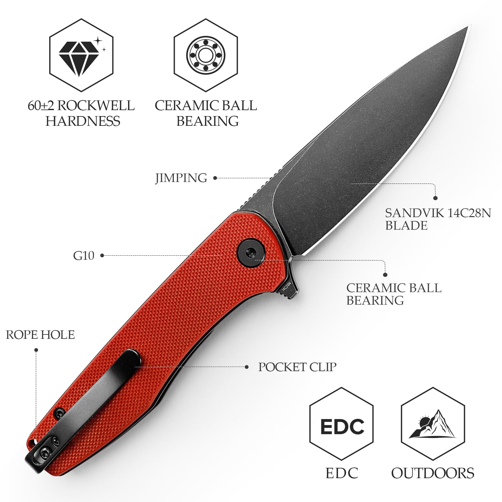 TRIVISA Couteaux Pliant, Hummingbird-RG, Couteau de Poche avec Manche en G10 Rouge, Lame en Acier 14C28N de 75 mm