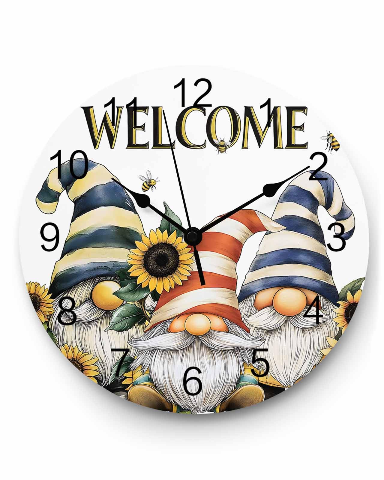 Ensound Wall Clock Gnome Clocks Wooden Silent Non-Ticking Battery Operated Decorative Sunflower Bee Welcome Round Clock for Home Living Room Kitchen Bedroom Office School 12 Inch