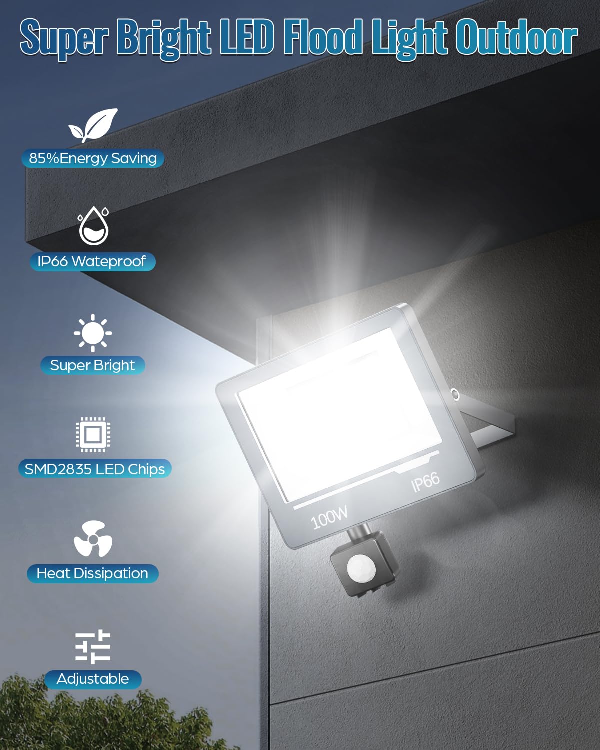 Foco LED con Sensor de Movimiento 100W, Foco Exterior con Sensor de Movimiento 10000LM Super Brillante, 6500K Blanco Frío, Impermeable IP66 para Jardín/Patio 2 Piezas