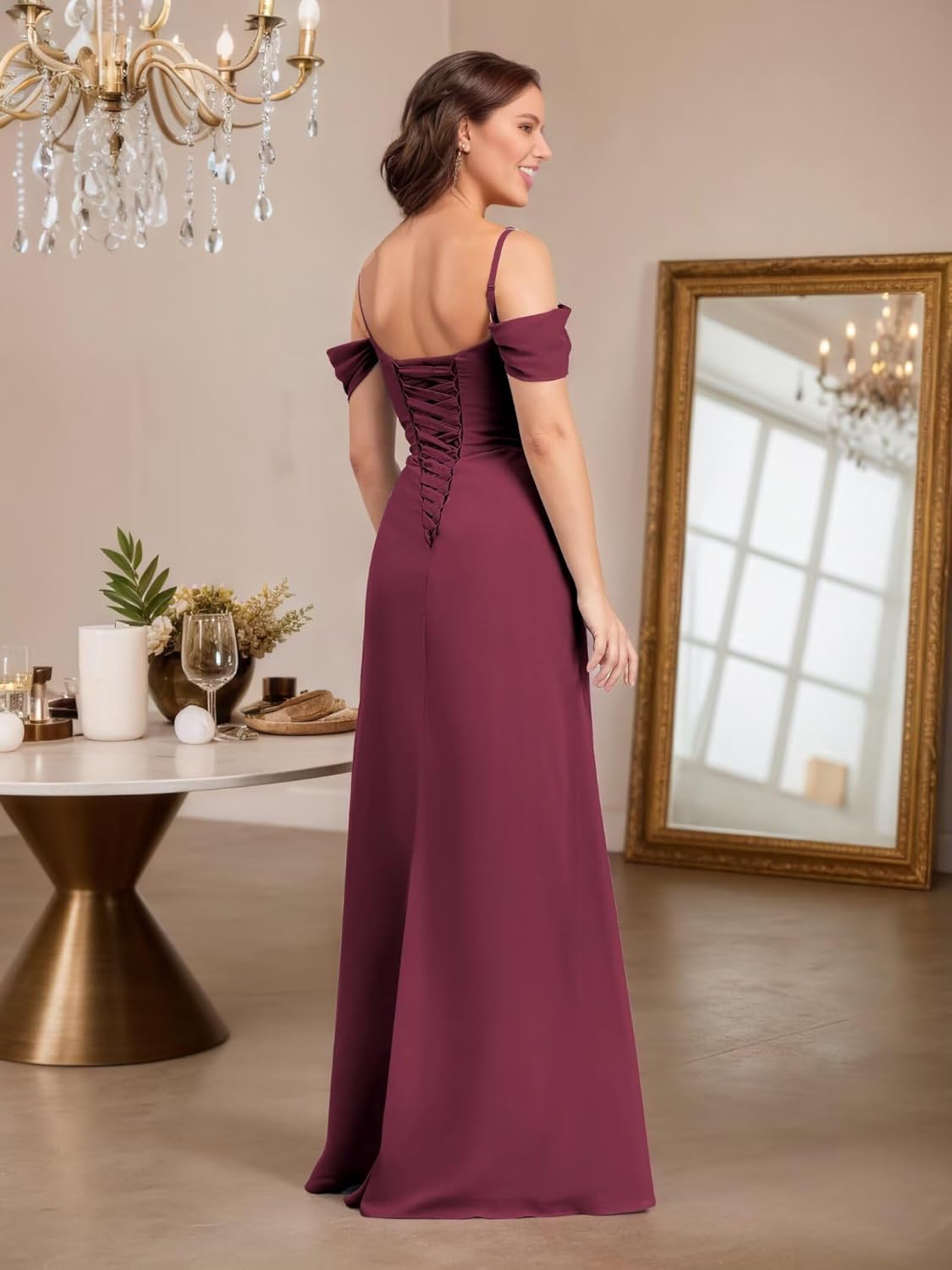 Chiffon Bridesmaid Dresses with Slit Mermaid Long Prom Dress Off Shoulder Formal Evening Wedding Party Gowns for Women