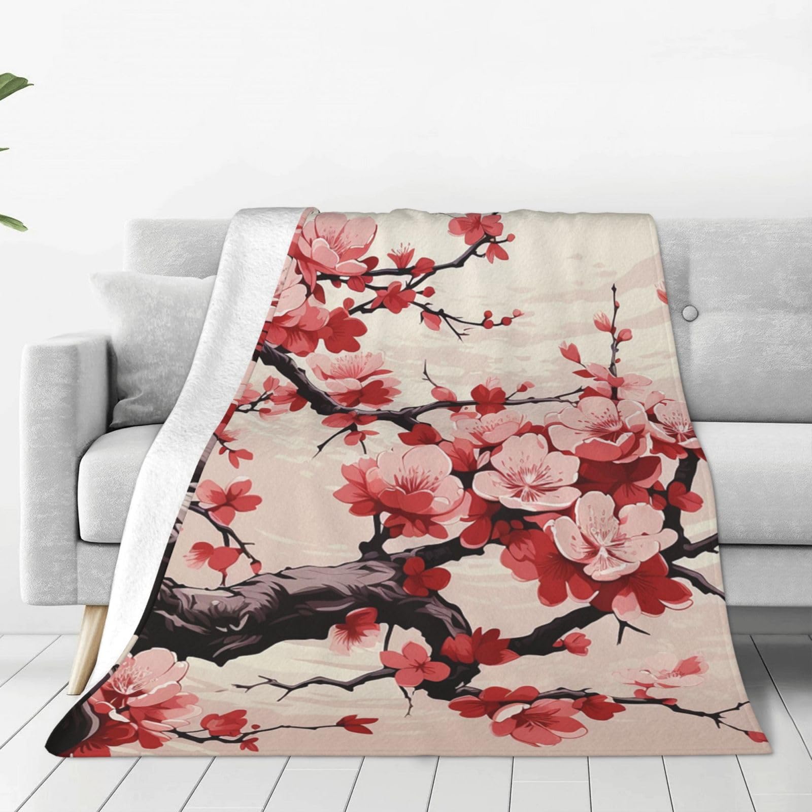 Japanese Floral Cherry Blossom Throw Blanket 80"x60" Flannel Fluffy Warm Blanket for Couch, Reversible Plush Blankets for Bed, Comfy Fuzzy Blanket for Sofa, Plush Lightweight-Blankets for All Season