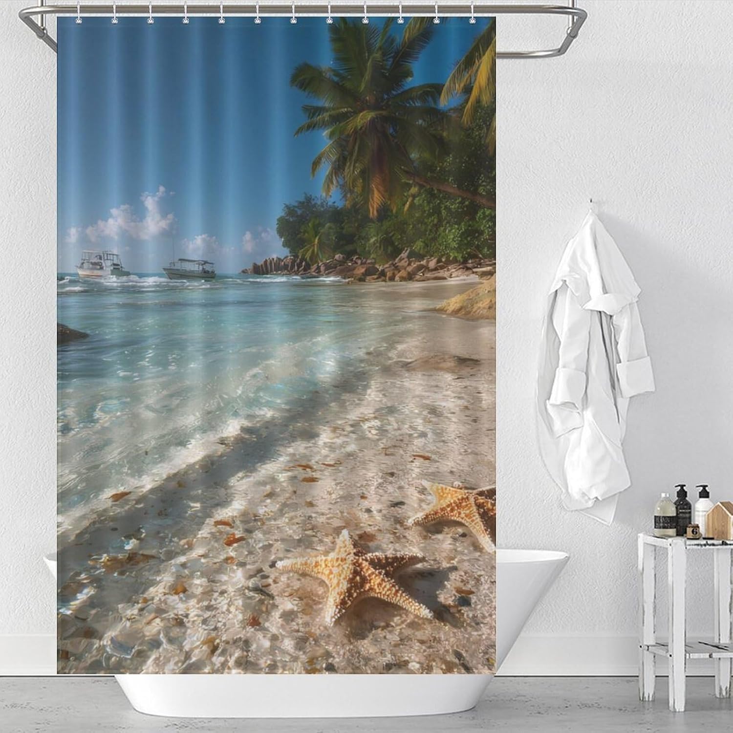 Beach Starfish Wave Seawaves Shower Curtain 46.85x70.87Inch（119x180cm） Polyester Bath Curtain Shower Curtains Printed Decorative