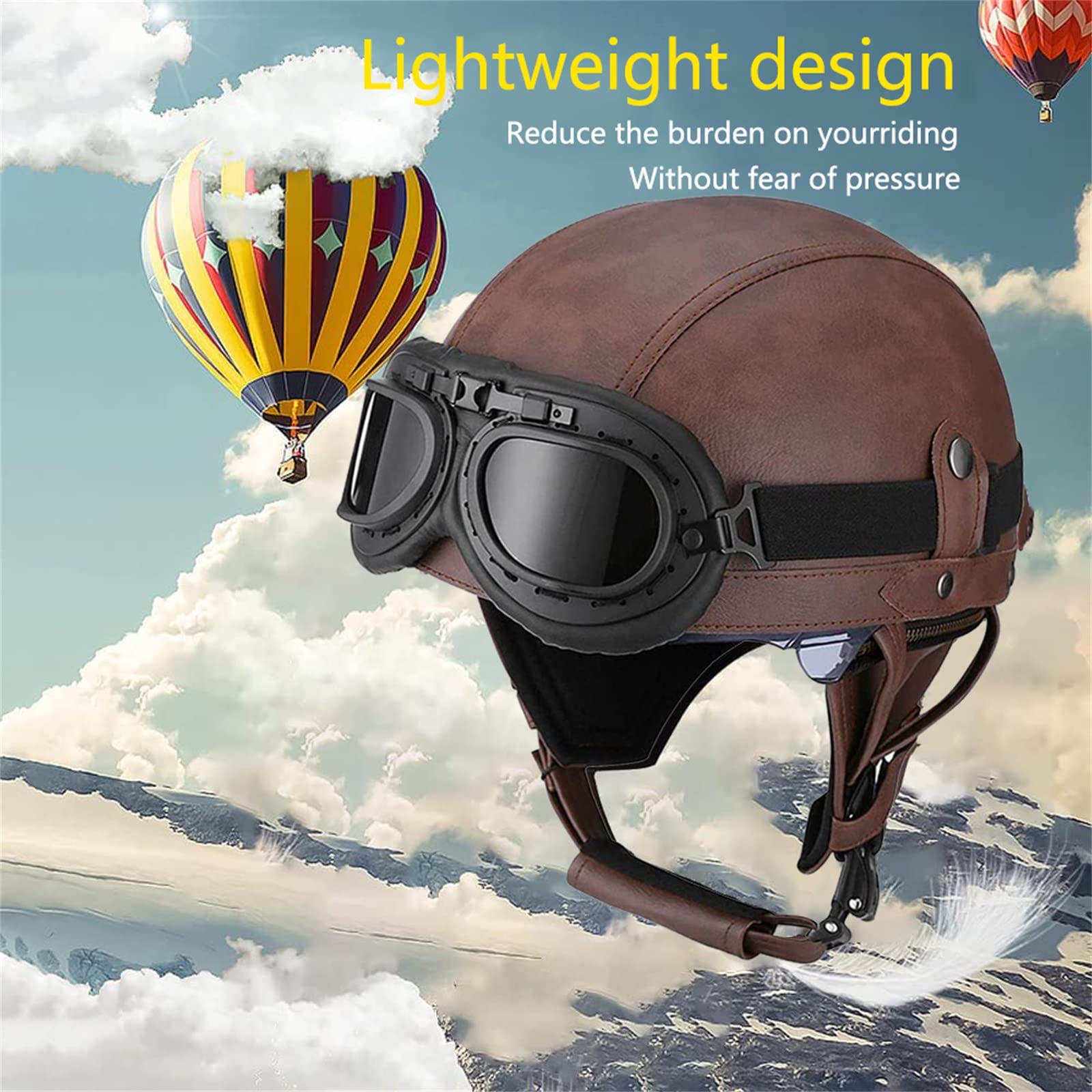 BGMKE Caschi Moto Aperto Vintage in Pelle Casco Demi Jet ECE Certificato retrò Casco Mezzo Motociclo Scodella con Occhiali Casco Ciclomotore per Donna E Uomo Casco Jet Scooter Street
