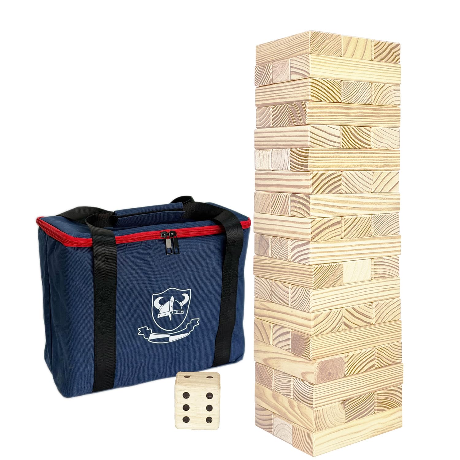 Jumbo Wooden Tumble Tower Game with Dice and with Carrying Bag, Classic Stacking Games 54 Pcs Building Blocks for Indoor/Outdoor (stack 60cm up to 150cm)