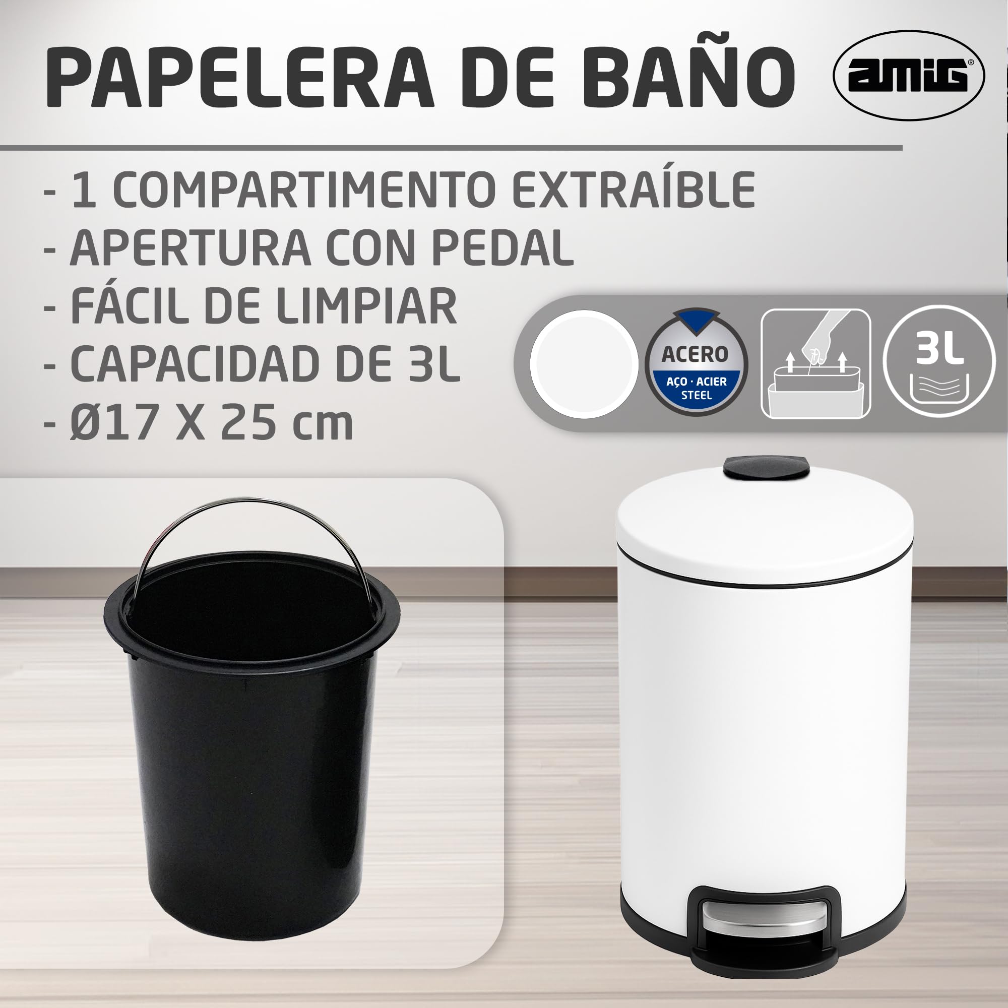 Amig - Cubo de Basura para Baño con Pedal 3 Litros Mod. Tacto - Color Blanco - Apertura Higiénica sin Manos - Ø16,8 x 25,5 cm - Acero Inoxidable Lacado - Papelera Redonda con Cubo Interior Removible