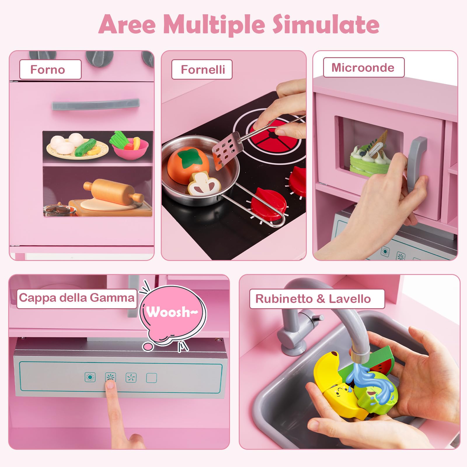 RELAX4LIFE Cucina Giocattolo per Bambini, Gioco Cucina in Legno con Microonde, Forno, Rubinetto, Lavello e 18 PCS Accessori, Mini Cucina per Bambini 3 4 5 6 Anni (Rosa)