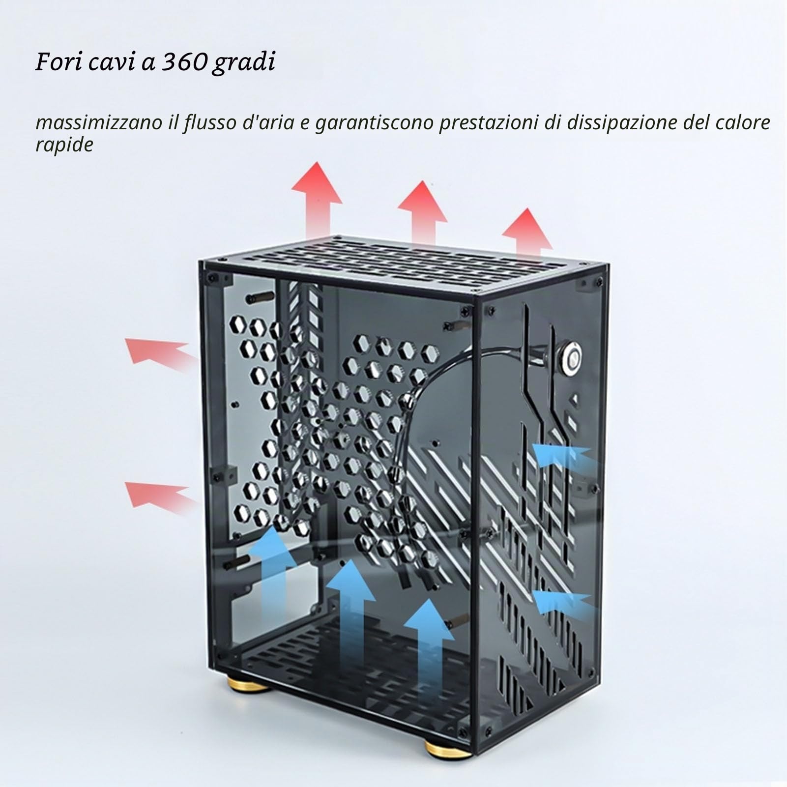 Mini-ITX Case Computer, Alloggiamento PC con Pannello Acrilico Trasparente, Raffreddamento a 360 Gradi, Cuscinetti Ammortizzati per Flex 1U Power 170 X 170 MM Scheda Madre, SSD da 2,5 Pollici 4,3L