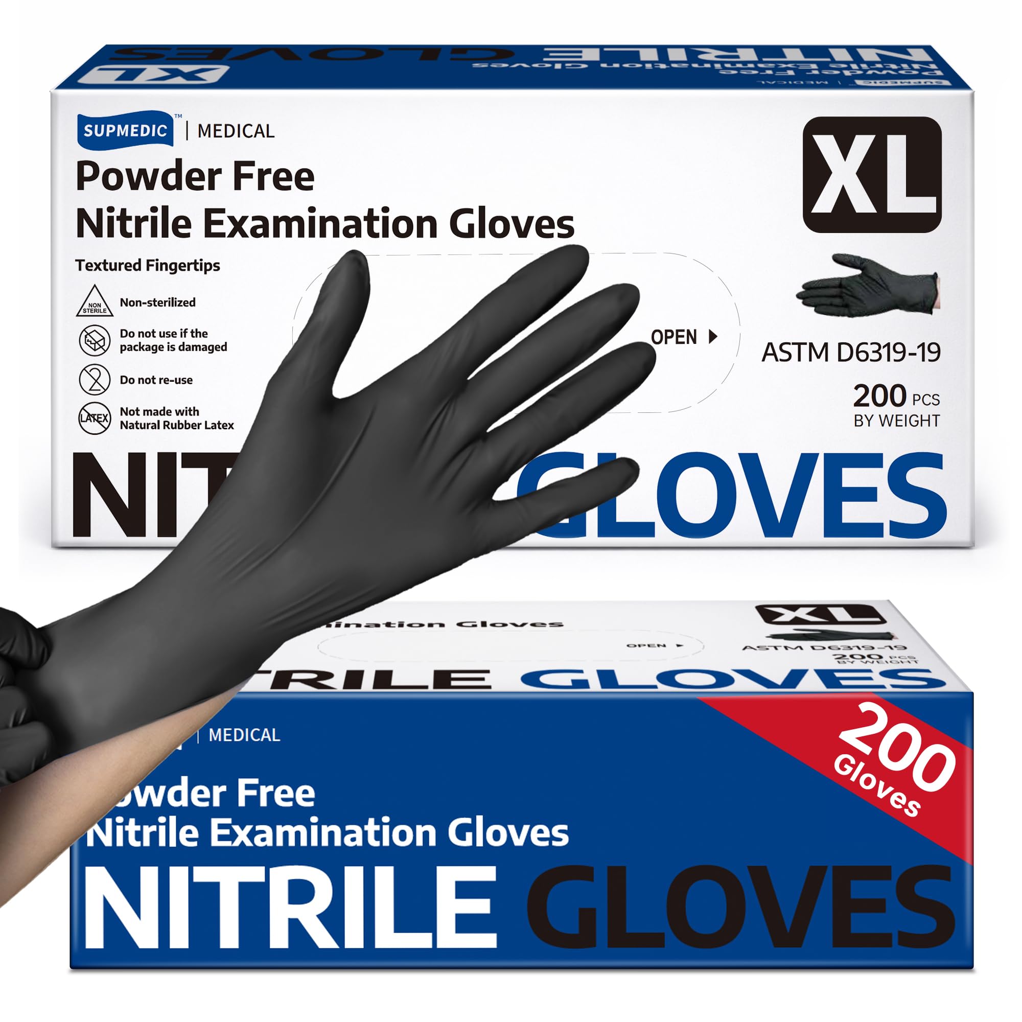 Supmedic Soft Max™ Disposable Nitrile Gloves, Black Powder Free Latex Free Food Safe Cooking Clean Medical Exam Gloves 200 Ct