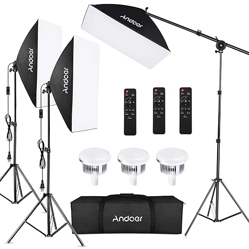 Andoer Softbox Photography Lighting Kit Professional Studio Equipment with 20"x28" Softbox, 2800-5700K 85W Bi-Color Temperature Bulb with Remote, Light Stand, Boom Arm for Portrait Product Shooting - 3 PCS